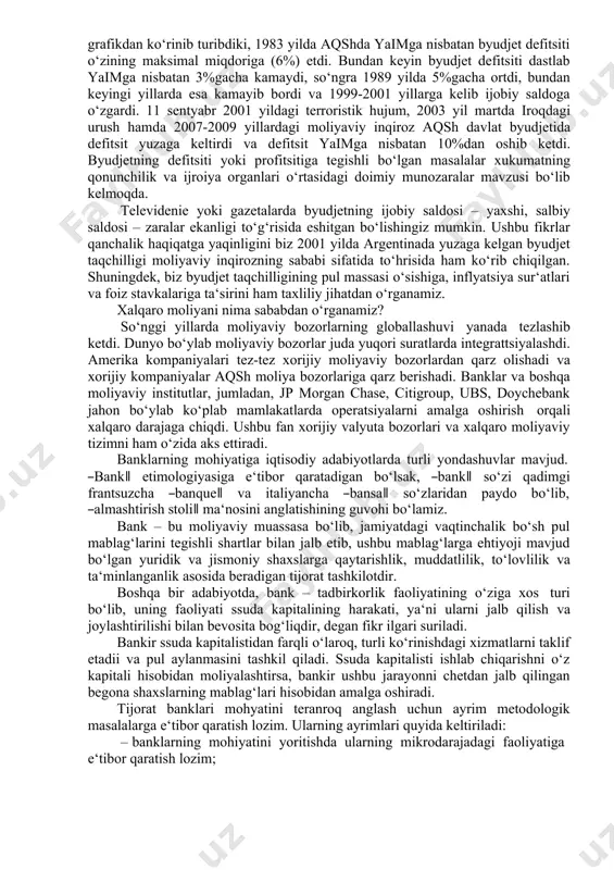 hkin ―pul, bank ishi va moliyaviy bozorlarning iqtisodiy nazariyasi‖ kitobida shunday misol keltiradi, ya‘ni, o‘ttiz yil oldin siz kechagina o‘n dollar to‘lagan, kino chiptangiz bir yoki ikki dollardan ortiq turmas edi. o‘n dollar esa kinoga chipta olish bilan birga, yana nafaqat popkorn xarid qilishga balki, tushlik qilishga ham etar edi. iqtisodiyotda tovar va xizmatlarning o‘rtacha narxi, sodda qilib aytganda, narxlarning umumiy darajasi deyiladi. 1950 yildan 2011 yilga qadar aqsh iqtisodiyotidagi narxlar darajasi qariyib olti barobar o‘sgan. inflyatsiya narxlar umumiy darajasining tinimsiz o‘sishi bo‘lib, har bir xaridorga, ishlab chiqaruvchiga va xukumatga ta‘sir ko‘rsatadi. iqtisodiy strategiyani ishlab chiquvchilar va iqtisodchilar inflyatsiyani jilovlashga xarakat qiladilar, shuning uchun ushbu maqsadga erishish yo‘lida narxlar darajasini tebranishini aniqlovchi omillarini bilish zarur. inflyatsiyani nima bilan tushuntirish mumkin? ushbu savolga mumkin bo‘lgan javoblardan birini 4-rasmdagi grafikda (bu yo‘q) aks ettirilgan pul massasi va narxlar darajasining sinxron o‘sishida ko‘rishimiz mumkin. inflyatsiya deb nomlanuvchi iqtisodiyotda narxlar darajasining doimiy o‘sishida o‘zini …
