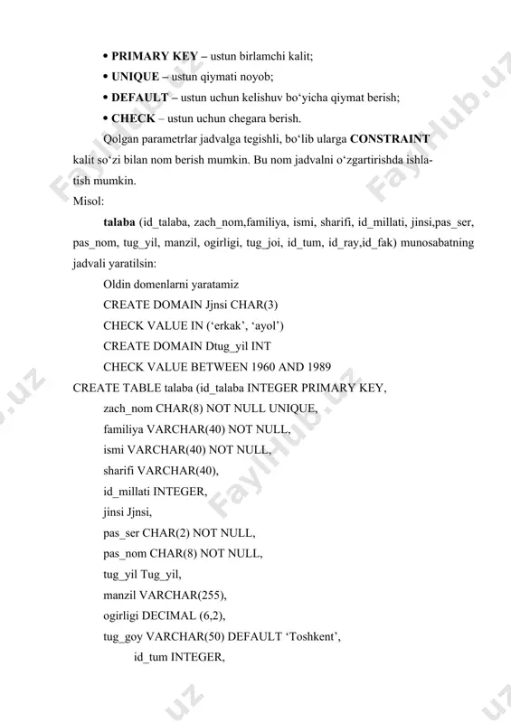 int fakul foreign key (id_fak) references fakultet on delete cascade on update cascade) jadval tavsifini o‘zgartirish jadval yaratilgandan keyin uni tuzilishini o‘zgartirish uchun alter table operatori qo‘llanadi, bu operator yordamida quyidagi ishlovlarni amalga oshirish mumkin:  jadvalga yangi ustun kiritish;  jadvaldan ustunni o‘chirish;  jadval uchun yangi chegaralanishlar kiritish;  jadval chegaralanishlarni o‘chirish;  ustun uchun kelishuv qiymatlarini o‘rnatish;  kelishuv qiymatlarni o‘chirish. bu operatorning formati quyidagicha: ::= alter table {add [ column ] { { | } [ not null | null ] [ unique ] [ ] [ ]} [, . . . ] | drop [ column ] { [ restrict | cascade ] } [, . . . ] | {add } [, . . . ] | drop constraint { [ restrict | cascade ] } [, . . . ] | alter [ column ] { { set default | drop default } …