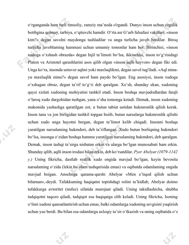 na qolmay, tarbiya, o‘qituvchi hamdir. o‘rta asr g‘arb falsafasi vakillari, «inson kim?» degan savolni maydonga tashladilar va unga turlicha javob berdilar. biroq turlicha javoblaming hammasi uchun umumiy tomonlar ham bor. birinchisi, «inson xudoga o‘xshash obrazda» degan injil ta’limoti bo‘lsa, ikkinchisi, inson to‘g‘risidagi platon va aristotel qarashlarini asos qilib olgan «inson aqlli hayvon» degan fikr edi. unga ko‘ra, insonda ustuvor aqlmi yoki maxluqlikmi, degan savol tug'iladi. «aql nima-yu maxluqlik nima?» degan savol ham paydo bo‘lgan. eng asosiysi, inson xudoga o‘xshagan obraz, degan ta’rif to‘g‘ri deb qaralgan. xo‘sh, shunday ekan, xudoning qaysi xislati xudoning mohiyatini tashkil etadi. inson boshqa mavjudodlardan farqli o‘laroq xudo dargohidan tushgan, yana o‘sha tomonga ketadi. demak, inson xudoning makonida yashashga qaratilgan zot, u butun tabiat ustidan hukmronlik qilish kerak. inson tana va jon birligidan tashkil topgan boiib, butun narsalarga hukmronlik qilishi uchun xudo unga hayotni bergan, degan ta’limot kelib chiqadi. insonni boshqa yaratilgan narsalaming hukmdori, deb ta’riflangan. xudo …