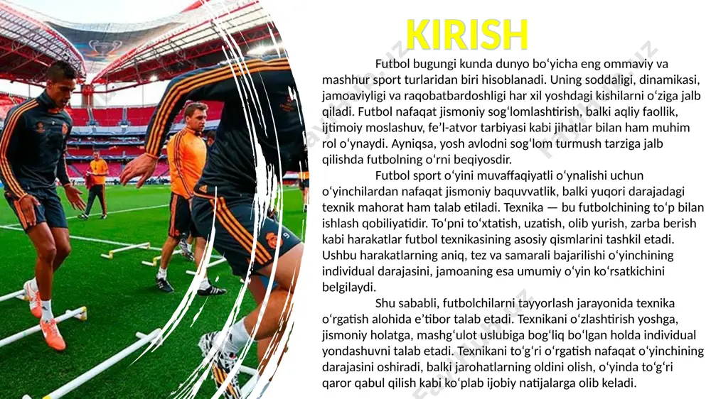 sakrashi kerak, yoki agar to'p pastdan uchayotgan bo'lsa, cho'kish, to'pning tushishini yumshatish va voila - o'yinni davom ettirishingiz mumkin. ko’krak bilan to’pni to'xtatgan taqdirda, hamma narsa biroz murakkabroq va xavflidir, chunki to'p noto'g'ri nuqtaga tegsa, bu og'riqli jarohatga olib kelishi mumkin. futbol to'pini dribling qilish texnikasi: hujumchining maqsadi raqib darvozasiga gol urishdir, lekin hech bo'lmaganda jarima maydonchasiga etib borish uchun to'pni oyog'ingizga yaqin ushlab turish, uni nazorat qilish va raqiblarga bermaslik kerak. bunda hamma ham oson emas, yangi boshlanuvchilar yoki futboldan uzoq odamlar shunchaki to'p bilan yugurish mumkin deb o'ylashadi. lekin buning uchun kuchli tayyorgarlik va kuchli texnika kerak bo’ladi. bu texnikani rivojlantirish uchun ko’proq to’p bilan aloqa qilish va to’pni yaxshi sezish kerak bo’ladi. futbolda to'p uzatish texnikasi: futbol jamoaviy o'yin, kamdan-kam hollarda fopper ishlaydi, chiroyli, aniq va samarali uzatmalar esa g'alaba garovidir. dovonlar bir necha turlarga bo'linadi: masofa, yo'nalish va traektoriya bo'yicha. masofa bo'yicha o'tishlar yana bir necha …
