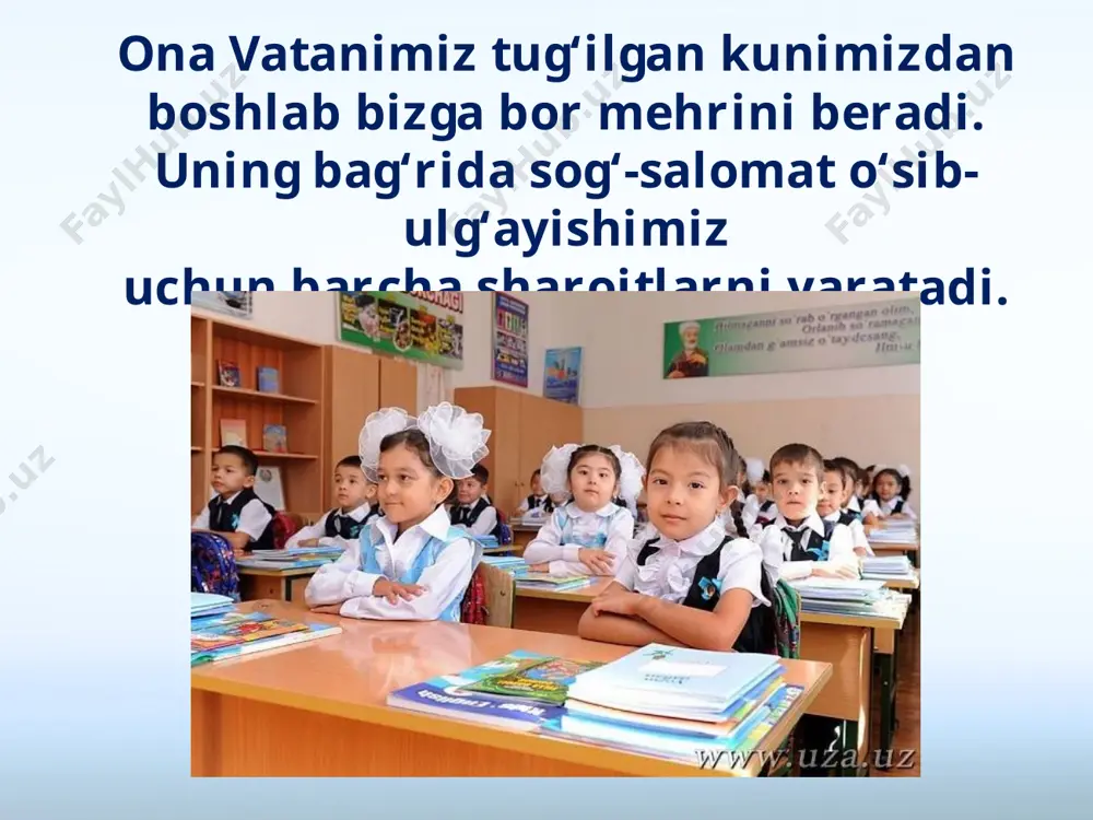 tahsil oladi. yangi ta’lim tizimi bo‘yicha oliy ta’lim ikki bosqichdan – bakalavriat va magistraturadan iborat bo‘ldi. mustaqillik yillarida mamlakatimizda tashkil etilgan yangi universitetlar, oliy o‘quv yurtlari va o‘quv markazlari ham mamlakatimizda shakllangan yangi ta’lim tizimi imkoniyatlaridan dalolat beradi. aziz o‘quvchi, shuni esda tutingki, ozod vatanimizni ulug‘lash uchun barchamiz, avvalo, zimmamizdagi farzandlik burchimizni sidqidildan ado etishimiz zarur. savol va topshiriqlar: 1. nima uchun yoshlar – vatanning kelajagi, deymiz? 2. o‘z yurti kelajagining bunyodkori bo‘lish uchun yoshlar qanday fazilatlarga ega bo‘lishi lozim? 3. jahon kimni tan oladi va hurmat qiladi? 4. mamlakatimiz nomini dunyoga yoyishga munosib hissa qo‘shayotgan yoshlardan kimlarni bilasiz? 5. ushbu rasmlardagi insonlarni taniysizmi? ular qaysi sohalardagi yutuqlari bilan bizga o‘rnak bo‘lmoqda? image2.jpg image3.jpeg image4.jpeg image5.jpeg image6.jpeg image7.jpeg image8.jpeg image9.jpeg image10.emf image11.jpeg image12.jpeg image13.jpeg image14.emf image15.emf image16.emf image17.jpeg image1.jpeg