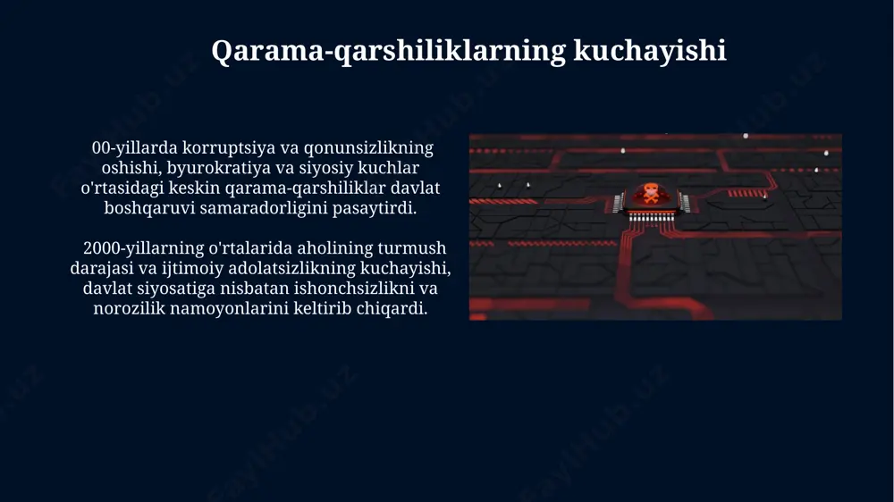 anadi. keyingi o'zgarishlar moliyaviy bozorlarda 2008-yilgi global moliyaviy inqirozdan keyin tartibga solish choralari kuchaytirildi, bu esa banklarning kapitalizatsiyasi va xavf boshqaruvi tizimlariga sezilarli ta'sir ko'rsatdi. 2000-yillarning boshlarida globalizatsiya jarayonining tezlashuvi va raqamli texnologiyalarning rivojlanishi natijasida iqtisodiyotda kutilmagan o'zgarishlar yuz berdi, bu esa yangi biznes modellari va raqobat muhitining shakllanishiga olib keldi. yangi siyosiy tuzumning shakllanishi yangi siyosiy tuzumning shakllanishi davrida 1990-yillarning boshlarida 20 dan ortiq siyosiy partiyalar ro'yxatdan o'tkazildi, bu esa ko'p partiyali tizimning rivojlanishiga va siyosiy raqobatning kuchayishiga olib keldi. davlat mulkining xususiylashtirilishi va bozor iqtisodiyotiga o'tish jarayoni 1990-yillarda siyosiy tizimning shakllanishiga kuchli ta’sir ko‘rsatib, yangi ijtimoiy sinflar va manfaatlar guruhlarini vujudga keltirdi. iqtisodiy inqirozning belgilari tashqi savdo balansi salbiylashadi, valyuta kursi keskin o'zgaradi, milliy valyuta qadrsizlanadi, xorijiy investitsiyalar kamayadi. iqtisodiy inqiroz davrida yalpi ichki mahsulot (yaim)ning 2% dan ortiq pasayishi kuzatiladi, inflyasiya esa 10% dan oshib ketishi mumkin. inqiroz davrining mohiyati инқироз даврида давлат бюджети тақчиллиги ошиб, инфляция …