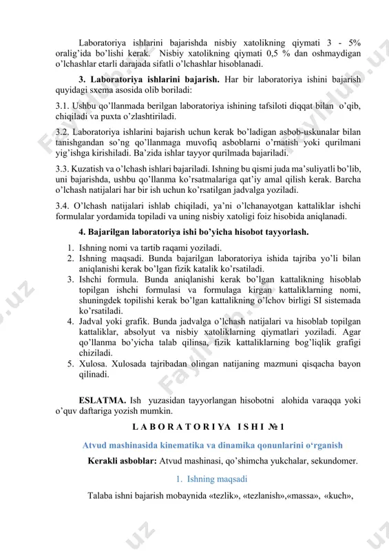 ng mexanik harakati davomida bosib o’tgan nuqtalarining geometrik o’rni harakat trayektoriyasi deyiladi. harakat trayektoriyasining uzunligi bosib o’tilgan yo’lni beradi. moddiy nuqtaning boshlang’ich va oxirgi vaziyatlarini tutashtiruvchi, yo’nalishga ega bo’lgan to`g`ri chiziq kesmasiga moddiy nuqtaning ko’chishi deyiladi. ko’chish vektor kattalik, yo’l esa skalyar kattalikdir. jismlarning tezligi vaqt davomida o’zgarib tursa, bunday harakat o’zgaruvchan harakat deyiladi. bunda tezlanish a=(v-v0)/t ifoda orqali aniqlanadi. a tezlanish bilan harakatlanayotgan jismning t vaqtdan keyingi tezligi va bosib o’tgan yo’li tekis tezlanuvchan harakatda s=vt+at2/2 tekis sekinlanuvchan harakatda esa s=vt-at2/2 ifodalar orqali topiladi. tekis tezlanuvchan harakatda tezlik vektorining yo’nalishi bilan tezlanish vektorining yo’nalishi bir xil, sekinlanuvchan harakatda esa qarama-qarshi bo’ladi. to’g’ri chiziqli tekis tezlanuvchan harakatda koordinataning vaqt bo’yicha o’zgarishini ifodalovchi tenglamaga harakat tenglamasi deyiladi. x=x0+v0*t+at 2/2 jism tezligining kattaligi va yo’nalishi bu jismga boshqa jismlarning ko’rsatadigan ta’siri natijasida o’zgaradi. jism tezligining o’zgarishiga, ya’ni tezlanish olishiga yoki uning deformatsiyalanishiga sababchi bo’lgan ta’sirni tavsiflovchi kattalikka kuch deyiladi. jismning olgan tezlanishi …