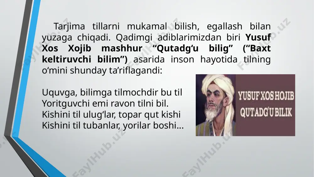 badiiy tarjima ikkiga: she’riy va nasriy tarjimaga bo’linadi kecha oqshom falakda oy bo’zarib botganda, zuhro yulduz miltirab, xira xanda otganda, ruhimda bir ma’yuslik, sokinlik uyg’otganda, men seni esga oldim, birinchi muhabbatim, eslab xayolga toldim, birinchi muhabbatim. (a. oripov) last night as the wan moon was leaving the sky, as venus smiled a sad smile above me high, when my moaning soul in silence made me cry; then i brought you to my mind, o my first love, and was lost in thoughts of mine, o my first love. (translator dinara sultonova) a red red rose … o, my luve is like a red, red rose, that’s newly sprung in june; o, my luve is like a melodie, that’s sweetly play’d in tune (robert burns) sevgi… sevgi atirgul yanglig’ yashnar mening bog’imda. sevgi – men aytar qo’shiq, yo’lga chiqqan chog’imda. (muhammad ali tarjimasi) любовь... любовь как роза красная цветит, в моём …