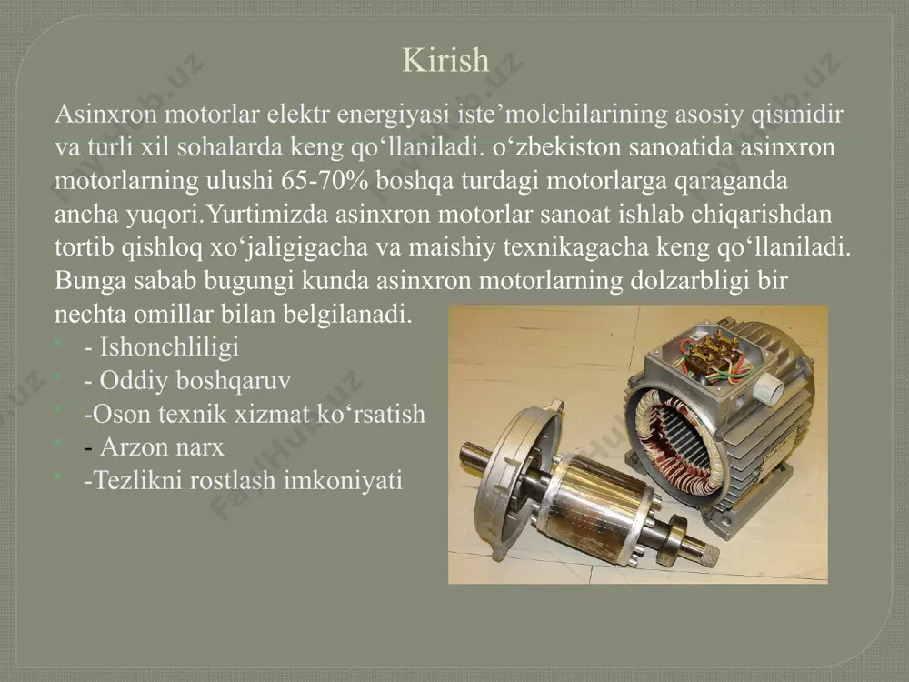 har bir asinxron motorning tarmoqqa ulangan joyida reaktiv quvvatni kompensatsiya qilish va energetik va texnik-iqtisodiy ko‘rsatkichlari yuqori bo‘lgan yangi rusumdagi motorlarni qo‘llash. birinchi usul bilan reaktiv quvvatni kompensatsiya qilish, tarmoq elementlarini reaktiv quvvatdan halos etish nuqtai nazaridan qaraganda ancha samarali usul bo‘lib, ammo 1000 v gacha kuchlanishli tarmoqlarda qo‘llaniladigan kompensasion qurilmalarning narxi yuqori bo‘lgani sababli ko‘pincha iqtisodiy jihatdan bu usul o‘zini oqlamaydi. ikkinchi usul, zamonaviy asinxron motorlarni yaratish va joriy qilish bilan bog„liq bo‘lgani uchun ham eng istiqbolli usuldir. faza rotorli asinxron motorlarning reaktiv quvvati iste’molini kamaytirishning, ya’ni ularning quvvat koeffisientini oshirishning usullaridan biri ularni sinxronlashtirishdir. yarim o‘tkazgichli qurilmalari mavjud bo‘lgan asinxron elektr yuritmalarda asinxron motorlarni sinxronlashtirish maqsadga muvofiqdir. masalan, asinxron ventilli kaskad sxemalarida motorni sinxronlashtirish imkoniyati rotor zanjiridagi o‘zgarmas tok manbai mavjudligi sababli o‘z-o‘zidan kelib chiqadi. quyida ketma-ket qo„zg„aluvchan sinxronlashtirilgan asinxron motorning qo‘llanilishi bo‘yicha texnik-iqtisodiy imkoniyatlarini ko‘rib chiqamiz. sinxronlashtirilgan asinxron motorning prinsipial elektr sxemasi 3.1 – rasmda keltirilgan va …