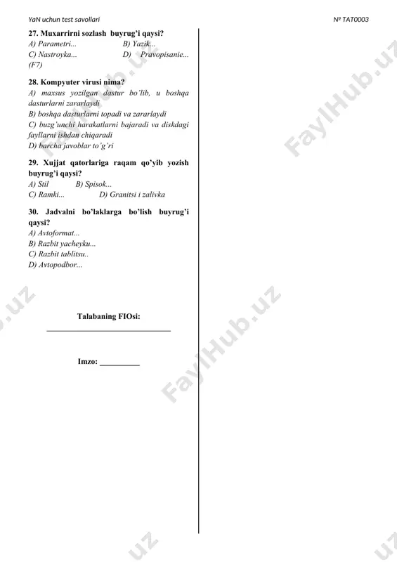 ormula va funksiyalar bilan ishlash uchun qaysi buyrug‘dan foydalaniladi? a) simvol komandasidan b) ¦x funksiyasidan c) å-(summa) asboblar panelidan d) formula komandasidan 22. birorta tilni tanlash, qo’yish buyrug’i qaysi? a) nastroyka.. b) yazik... c) vosstanovit povrejdenniy tekst... d) pravopisanie...(f7) 23. 99. power point dasturida film va ovoz o‘rnatish qaysi menyu yordamida amalga oshiriladi? a) vstavka menyusi. b) pravka menyusi c) fayl menyusi. d) vid menyusi. 24. yangi jadval yaratish buyrug’i qaysi? a) udalit ... b) narisovat tablitsu c) dobavit ... d) ob’ednednie yacheyki... 25. axborotni bufer xotiraga yozish buyrug’i qaysi? a) otmenit vvod - (alt+backspace) b) otkrit - (ctrl+o) c) sozdat - (ctrl+n) d) kopirovat -( ctrl+ins) eki ctrl+c 26. xatni tayyorlash ustaxonasi buyrug’i qaysi? a) nastroyka... b) pravopisanie...(f7) c) vosstanovit povrejdenniy tekst... d) master pisem... 27. muxarrirni sozlash buyrug’i qaysi? a) parametri... b) yazik... c) nastroyka... d) pravopisanie...(f7) 28. kompyuter virusi nima? a) maxsus yozilgan dastur bo’lib, u boshqa …