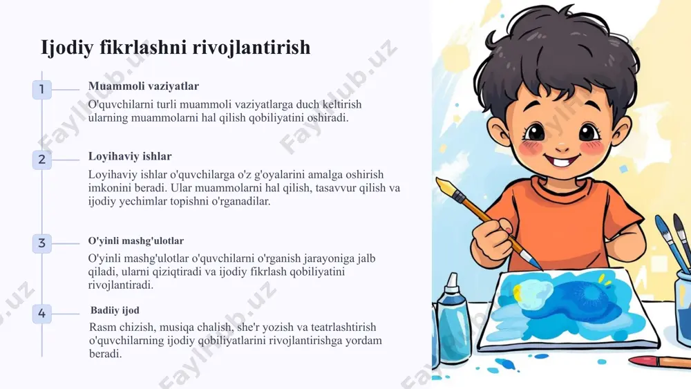 ilar ota-onalar bilan muntazam uchrashuvlar o'tkazib, o'quvchilarning o'rganish jarayoni haqida ma'lumot berishadi. onlayn muloqot o'qituvchilar va ota-onalar onlayn platformalar orqali muloqot qilib, o'quvchilarning yutuqlari va qiyinchiliklari haqida muhokama qilishlari mumkin. birgalikda loyihalar ota-onalar va o'qituvchilar birgalikda o'quvchilar uchun foydali loyihalarni amalga oshirishi mumkin. bu ota-onalarning o'quv jarayoniga faol ishtirokini ta'minlaydi. 7 o'qituvchilarning kasbiy rivojlanishi o'qituvchilarni qayta tayyorlash kurslari zamonaviy ta'lim yondashuvlarini o'rganish professional rivojlanish seminarlari yangilanishlar va yangi texnologiyalar bilan tanishish o'qituvchilar jamoasi bilan muloqot tajriba almashish va yordam berish 8 boshlang'ich ta'limda baholash tizimini takomillashtirish 1 formativ baholash o'quvchilarning bilimlarini muntazam baholash va o'rganish jarayonida o'z vaqtida tuzatishlar kiritish 2 summativ baholash o'quvchilarning o'rganish natijalarini yakuniy baholash va ularning rivojlanishini kuzatish 3 diversifikatsiyalangan baholash usullari turli xil baholash usullarini qo'llash orqali o'quvchilarning barcha qobiliyatlarini to'liq baholash 9 xulosa va tavsiyalar zamonaviy yondashuvlar boshlang‘ich ta’limda o‘quvchilarning bilim olish jarayonini boyitish va samaradorligini oshirishga qaratilgan. o‘qituvchilar, ota-onalar va jamiyatning hamkorligi bolaning …