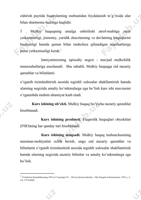 ari subyektlarining (davlat, yuridik va jismoniy shaxslarning) obyektiv huquq normlari asosida yuzaga keladigan mulkni egallash, undan foydalanish va uni tasarruf qilish huquqlari majmuasi. bunda mulkiy huquqini o’z xohishiga ko’ra bevosita mulkdorning o’ziga, yaqinlariga yoki boshqalarga taalluqli bo’lishi mumkin. mulk huquqi shaxsning o’ziga qarashli mol-mulkka o’z xohishi bilan va o’z manfaatlarini ko’zlab egalik qilish, undan foydalanish va uni tasarruf etish, shuningdek o’zining mulk huquqini, kim tomonidan bo’lmasin, har qanday buzilishini bartaraf etishni talab qilish huquqidan iboratdir. mulk huquqi muddatsizdir.[footnoteref:2] [2: o’z.r. fuqarolik kodeksining 164-moddasi; o’z.r. konstitutsiyasi 36-moddasining birinchi qismi, 54-moddasi; „o’zbekiston respublikasida mulkchilik to’g’risida“gi qonunning 1-moddasi] mulk obyektiga egalik qilish, uni o’z xo’jaligida deb hisoblashning qonunga asoslangan imkoniyati (ya’ni, uni o’z balansida hisobga olish). foydalanish huquqi – bu ko’chmas mulk obyektini xo’jalik yoki boshqa maqsadlarda ko’chmas mulk obyektidan foyda olish, iste’mol qilish, mulkdan faqat unga egalik qilgan holdagina foydalanish mumkin. tasarruf etish huquqi – bu ko’chmas mulk obyektiga bo’lgan huquqni (masalan, …