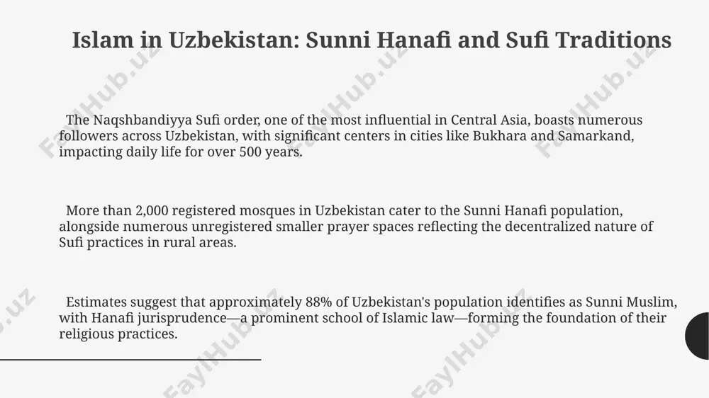 mposed of ethnic poles and other european descendants, exist in uzbekistan, often centered around historical churches in urban areas, numbering approximately 1,000 individuals. while precise figures are unavailable, anecdotal evidence suggests a presence of other christian denominations including evangelical and adventist groups, mostly concentrated in larger cities and operating with limited visibility due to government regulations. the number of protestant christians in uzbekistan, while smaller than the orthodox population, is estimated to be in the low thousands, with baptist and pentecostal communities present in cities like tashkent and samarkand. conclusion: the future of religious diversity in uzbekistan the increasing interconnectedness of uzbekistan with global religious networks, particularly via the internet, could challenge the state's control over religious information flow, potentially leading to diversification of islamic practice beyond hanafi sunni norms in samarkand and bukhara. uzbekistan's government, while controlling religious organizations, may increasingly allow for greater autonomy to smaller faith communities …