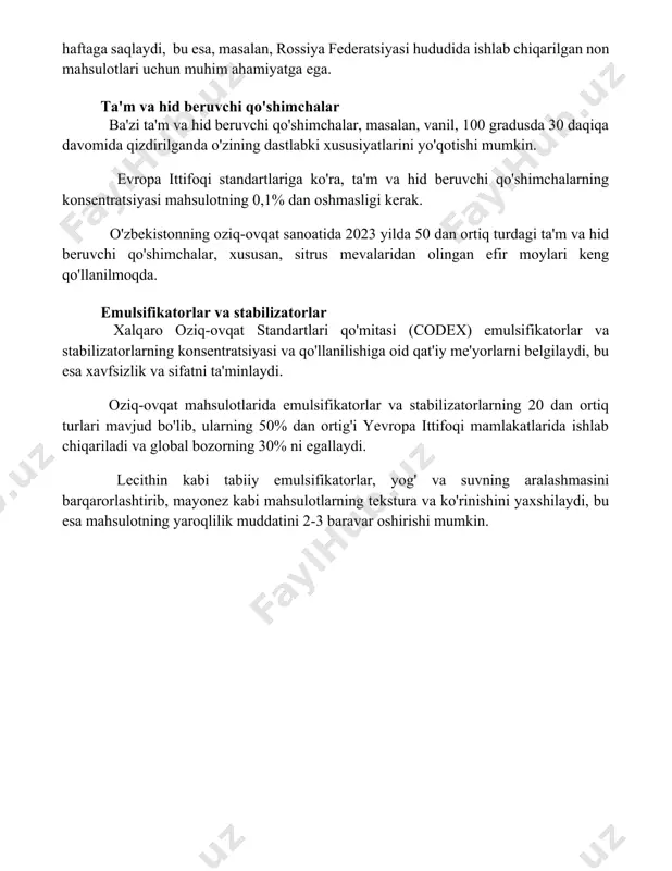 t (e250) go'sht mahsulotlarida 50-150 ppm konsentratsiyada qo'llanilib, botulizm bakteriyalarining rivojlanishini oldini oladi va mahsulotga xarakterli rang beradi, bu esa, aqshdagi kolbasa ishlab chiqarishda keng tarqalgan usul hisoblanadi. sorbin kislotasi (e200) kabi konservantlar, 0,1-0,2% miqdorida qo'llanilganda, xamirturush va mog'orlarning faolligini bostiradi, shu bilan mahsulotning sifatini 2-4 haftaga saqlaydi, bu esa, masalan, rossiya federatsiyasi hududida ishlab chiqarilgan non mahsulotlari uchun muhim ahamiyatga ega. ta'm va hid beruvchi qo'shimchalar ba'zi ta'm va hid beruvchi qo'shimchalar, masalan, vanil, 100 gradusda 30 daqiqa davomida qizdirilganda o'zining dastlabki xususiyatlarini yo'qotishi mumkin. evropa ittifoqi standartlariga ko'ra, ta'm va hid beruvchi qo'shimchalarning konsentratsiyasi mahsulotning 0,1% dan oshmasligi kerak. o'zbekistonning oziq-ovqat sanoatida 2023 yilda 50 dan ortiq turdagi ta'm va hid beruvchi qo'shimchalar, xususan, sitrus mevalaridan olingan efir moylari keng qo'llanilmoqda. emulsifikatorlar va stabilizatorlar xalqaro oziq-ovqat standartlari qo'mitasi (codex) emulsifikatorlar va stabilizatorlarning konsentratsiyasi va qo'llanilishiga oid qat'iy me'yorlarni belgilaydi, bu esa xavfsizlik va sifatni ta'minlaydi. oziq-ovqat mahsulotlarida emulsifikatorlar …