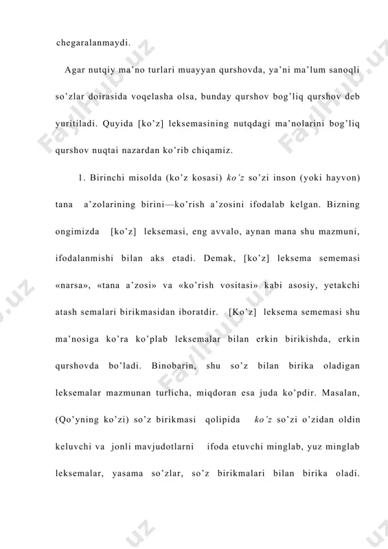 un (ko’z) so’zining yuqorida sanalgan (taxta, yog’och va h. k.) so’zlar bilan hosil qiluvchi qurshovi, bu qurshovdagi ma’nosi bog’liq, belgilangan qurshov bo’ladi. ya’ni, ko’z so’zining yuqorida qayd etilgan ma’nosi faqat belgilangan so’zlar ta’siri ostidagina voqelashib, nutq sharoiti bilan uzviy bog’liq bo’ladi. demak, (ko’z) leksemasida ajratilgan «ko’rish quroli» yetakchi, asosiy bosh sememasi bilan birga faqat muayyan so’zlar qurshovida (bog’liq qurshovda) yuzaga chiqadigan «muayyan predmetlarning (yog’och, taxta ... xurjun) ko’zga o’xshash belgilarga ega bo’lgan qismi» semema turini ham alohida qayd etishi mumkin. sememaning ushbu turining nutqda yuzaga chiqishi uchun kichik matn, bog’liq qurshov bo’lishi lozim. [ko’z] leksema sememasining bu turi bilan uning (leksemaning) asosiy, yetakchi sememasi orasida ma’lum bir o’xshashliklar (odamning ko’zi — taxtaning ko’zi —> buloqning ko’zi) mavjud. masalan, («butunning qismi», «doyra shaklida», «ajralib turadigan», «yoriq, o’yiq shaklda») va h. k. shular jumlasidandir. shunga ko’ra sememaning bu turi asosiy, yetakchi sememadan o’xshatish (metafora) usuli bilan hosil bo’lgandir. ammo (ko’z) sememasining bu …