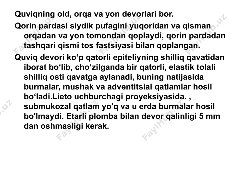 g ko'p qismini to'ldiradi va ayollarda u sistosel (quviq prolapsasi) belgilarini taqlid qilib, siydik yo'llari orqali tushishi mumkin. quviqning neoplastik bo'lmagan kasalliklari quviqdagi toshlar quviqning yallig'lanish kasalliklari quviq jarohatlari quviq psevdodivertikullari quviqdagi toshlar quviqdagi toshlar siydik pufagidan siydik chiqishining buzilishi fonida paydo bo'ladi, ammo siydik chiqishi buzilmasa, buyraklardagi toshlar siydik pufagi orqali tranzitda o'tadi. chiqib ketish buzilishining asosiy sabablari: adenoma, saraton, prostata sklerozi, uretraning strikturasi insult, orqa miya shikastlanishi natijasida neyrogen siydik pufagi quviq divertikullari quviqda begona jismlarning mavjudligi (inley) quviqning yallig'lanish kasalliklari sistitning ultratovush rasmi ko'pincha o'zgarmaydi. quviqning o'tkir yallig'lanishining belgisi 5 mm dan ortiq to'lganida uning devorlarining qalinlashishi va nisbatan kichik hajmdagi siyish istagi bo'lishi mumkin. sistitning mavjudligi siydik pufagida nozik ekojenik suspenziya, fibrin iplari va fundus proektsiyasida giperekoik cho'kma bilan ko'rsatilishi mumkin. quviq jarohatlari quviq yorilishi to'liq bo'lmagan yoki to'liq bo'lishi mumkin, ular ekstraperitoneal va intraperitonealga bo'linadi. to'liq bo'lmagan yorilishlar bilan submukozal yoki intramural gematomalar hosil bo'lib, …