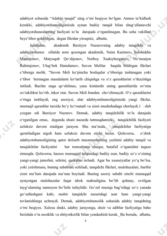 va ijodiy faoliyatini o‘rganishda, alohida kurslar ochilishida, shubhasiz, akademik baxtiyor nazarov tadqiqotlarining o‘rni va ahamiyati e’tiborli. olimning ijodiy faoliyatini o‘rganish asnosida bu fikrlarga to‘la ishonch hosil qilish mumkin. bu ishimizning dolzarbligini ko‘rsatadi. ishning maqsad va vazifalari. o‘zbek adabiy tanqidchiligida akademik baxtiyor nazarovning o‘rni, uning munaqqidlik faoliyati, olimning o‘ziga xos uslubi, o‘zbek va jahon adabiyoti, adabiy jarayoniga tanqidchining munosabatini o‘rganishdan iborat. olimning nozik adabiyotshunos olim va ijodkorligini ham nazardan qochirmadik. qator badiiy asarlarini, adabiy kuzatishlarini ham e’tibordan qochirmadik. bu maqsadga erishish uchun quyidagi vazifalarni o‘z oldimizga qo‘ydik: 1. xx asr o‘zbek adabiy tanqidchiligining o‘ziga xosligini tekshirish. bu davrdagi adabiy jarayonga, tanqidchilar faoliyatiga e’tibor qaratish. 2. baxtiyor nazarovning munaqqidlik faoliyatini izchil o‘rganish; olimning jamoatchilik usulida olib borayotgan faoliyatini ham e’tirof etish. 3. baxtiyor nazarovning o‘zbek she’riyati va nasriga munosabatini tadqiq etish. 4. jahon adabiyotiga tanqidchininig bahosi, bu boradagi mulohazalarini boshqa tanqidchilar fikrlariga qiyoslash. 5. yoshlar ijodiga va badiiy mahoratiga baxtiyor nazarovning munosabatini …