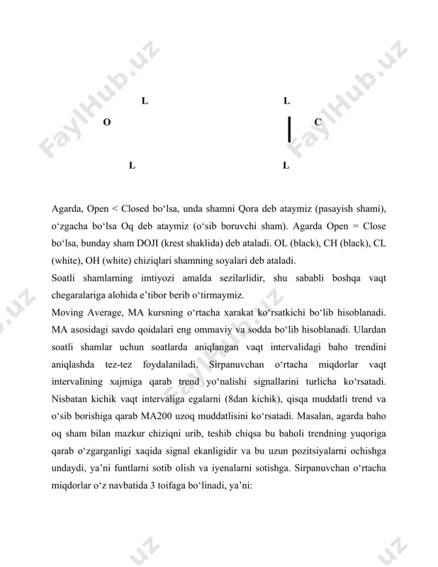 -intervali ichidagi o‘rtacha ifodasidir (avvalgi baholardan yuqori hamda n-davr uzunligiga bo‘linadigan yopilishning baholari yig‘iladi), d – pastga ketayotgan bahoning o‘rtacha ifodasi (avvalgi baholardan past hamda n-davr uzunligiga bo‘linadigan yopilishning baholari yig‘iladi). rsi indikatori odatda 70dan oshiq bo‘lgan axamiyatli maksimum va 30dan past bo‘lgan minimumlarga ega. ko‘p holatlarda u bahoning tushish va ko‘tarilishidan avval yuradi. u ko‘p holatlarda “bosh-yelkalar”, “uch burchak”, “kristall” va boshqa shu kabi turli shakllarni tashkil etadi. ushbu indikator tomonidan xosil qilinadigan juda kuchli darak bo‘lib divergensiya hisoblanadi. yuqorida ta’kidlanganidek baho yangi cho‘qqiga ko‘tarilgan paytda indikator grafigida paydo bo‘lmaydigan divergensiya paydo bo‘ladi. divergensiya shakllanganidan so‘ng bahoning xarakati indikator xarakati yo‘nalishida odatda muvofiqlashtiriladi. tekkislangan rsi bilan birgalikda ko‘rib chiqish juda qulaydir. bu esa yolg‘ondakam daraklarni vujudga keltiruvchi “shovqumlarni” olib tashlash imkonin beradi. tekkislashni 3-5 nuqtalar bo‘yicha amalga oshirish tavsiya etiladi. 28,01,00da yaratilgan savdo tizimiga misol : enter short signal: cross(50,rsi(14)), rsi(14) pastga ketadi va mov(c,120,s)>mov(c,60,s)>mov(c,24,s) close short (open long): …