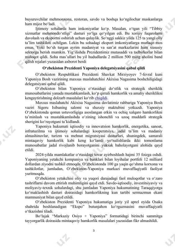 dekabrda imzolangan hududlarda yuqori iqtisodiy o‘sish va aholi bandligini ta’minlashning yangi tizimiga oid farmoni bu borada katta imkoniyat yaratdi. unga ko‘ra, bu yil 1 martdan boshlab, 10 ming kvadratgacha bo‘lgan va 6 oy davomida sotilmagan tumanlardagi davlat ob’ektlari tadbirkorlarga 10 yilga to‘g‘ridan-to‘g‘ri ijaraga beriladi. to‘rt yil davomida ijara haqi vaqtida to‘lansa, bu joy tadbirkorga xususiylashtirib beriladi. yoshlarni it va chet tiliga o‘qitib, xalqaro sertifikat beradigan tadbirkorlar birinchi yil ijara to‘lamaydi. davlatimiz rahbari masofaviy xizmatlar eksportini yangi bosqichga ko‘tarish zarurligini ta’kidladi. buning uchun xorijiy davlatlardagi xizmatlar bozori va talablarni o‘rganib, shunga mos mutaxassislar tayyorlash vazifasi qo‘yildi. bu yil kreativ iqtisodiyotdagi startap loyihalar uchun 50 million dollar ajratilgan. bu orqali yoshlar tashabbuslarini qo‘llab-quvvatlash, chet el kompaniyalarida ishlayotgan yurtdoshlarimizni jalb etish maqsad qilingan. umuman, joriy yilda it xizmatlari hajmini 30 foiz o‘stirib, 80 trillion so‘mdan, eksportini 1 milliard dollardan oshirish imkoniyati borligi aytildi. hudud va tarmoqlardagi xizmatlarni raqamlashtirish bo‘yicha ham ko‘rsatmalar berildi. servisni …