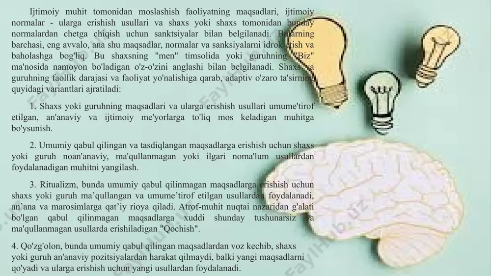 lantirish; jamoadagi, bevosita ijtimoiy muhitdagi shaxslararo munosabatlar tizimidagi mavqe, shaxsni qanoatlantiradigan maqom; xarakterli xususiyatlar va shaxsiy xususiyatlar; individuallikni ifodalash imkoniyati. h.a o'z asarida ta'kidlaganidek. sviridov: "ijtimoiy-psixologik moslashuvni shaxsning guruh ichidagi munosabatlar tizimiga kirishi, ushbu munosabatlarga moslashishi, ma'lum bir ishlab chiqarishning qadriyatlari va me'yorlari tizimini aks ettiruvchi fikrlash va xatti-harakatlar modellarini rivojlantirish sifatida aniqlash mumkin. jamoa (guruh), bu jamoada shaxslararo muloqot qobiliyatlari va qobiliyatlarini egallash, mustahkamlash va rivojlantirish. a.a.ning so'zlariga ko'ra. nalchadjyanning fikriga ko'ra, ijtimoiy-psixologik moslashuv - bu shaxs va guruh o'rtasidagi munosabatlarning holati, agar inson uzoq muddatli tashqi va ichki qarama-qarshiliklarsiz o'zining etakchi faoliyatini samarali amalga oshiradi, asosiy sotsiogen ehtiyojlarini qondiradi va rol talablarini to'liq qondiradi. mos yozuvlar guruhi unga o'zini o'zi tasdiqlash va ijodiy qobiliyatlarini erkin ifodalash holatlarini boshdan kechiradi. shunday qilib, moslash -tatsion - ijtimoiy-psixologik jarayon bo'lib, u ijobiy rivojlansa, shaxsni moslashish holatiga olib keladi. o'z yo'nalishi bo'yicha ijtimoiy moslashuvni tashqi (tashqi muammoli vaziyatlarga moslashish) va ichki ziddiyatlarni …