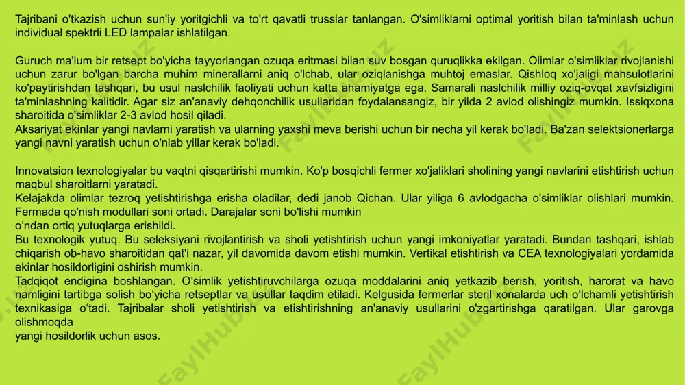 a o'simliklarni etishtirish o'simliklarni eritmalar orqali barcha zarur mineral tuzlar bilan ta'minlash imkonini beradi. bundan tashqari, usul resurslarni tejaydi, pestitsidlardan foydalanishni yo'q qiladi va iqlim o'zgarishiga va mavsumiylikka bog'liq emas va hokazo. natijada sholining favorit navining donasi 119 kunda pishib yetdi; "aikerim" navlari - 117 kun ichida. olingan hosilni yig'ib olgandan so'ng, guruch o'simliklari to'liq quritishga erishish uchun to'g'ridan-to'g'ri quyosh nuriga joylashtirildi. 7 yoritish, harorat va namlik eritmalarining eksperimental sharoitlarida chuqur suvli madaniyat inshootida etishtirish uchun eng yaxshi navlar aniqlandi va sholi etishtirish uchun eng qulay mineral o'g'itlar eritmalarini yaratish uchun o'g'it komplekslari aniqlandi. 2. mineral o'g'itlar (kaliy magniy, kaltsiy nitrat, ammoniy nitrat, magniy sulfat, jelatin xelat) va aquarin kompleksi asosidagi 3-sonli ozuqa eritmasi sholi o'simliklarini etishtirish uchun qulaydir. fevraldan iyungacha bo'lgan davrda guruchning uchta navi "favorit" va "aykerim" sun'iy ravishda yaratilgan, nazorat qilinadigan ekologik sharoitda, havo namligi 55-85% (kun vaqtiga qarab), xona harorati 24-28o s. , qo'shimcha floresan yorug'lik …