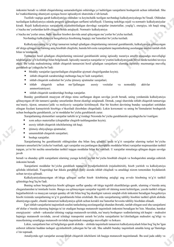chida aks ettirishdir. bu printsilarga rioya qilishlik barcha natura va mehnat ko’rsatkichlari narxlar yordamida pul ko’rsatkichlarga o’tkaziladi. bunda narxlar ijtimoiy zaruriy mehnat sarflariga asoslangan bo’lib, buxgalteriya hisobida esa balans moddalari haqiqiy tannarxda ifodalanadi. baholashning realligi korxonada mavjud bo’lgan resurslar miqdorini aniqlashga, uning faoliyati moliyaviy natijalari to’g’risidagi ishonchli axborotni olishga o’z ta’sirini ko’rsatadi. ishlab chiqarishga sarflangan materiallarni noto’g’ri baholash, tayyorlangan mahsulot tannarxiga kiritilgan mehnat vositalari amortizatsiyasini aniq hisoblamaslik, hisoblangan ish xaqining summasini noto’g’ri aniqlash - bularning hammasi xo’jalik ishlarini tavsiflashning ob’ektivligiga ta’sir ko’rsatadi, uning umumlashtirilgan pirovard natijalarini buzib ko’rsatadi. baholashning yagonalik printsipi korxonalarning bir turdagi mablag’larini bir turdagi pulda o’lchashni anglatadi, ya’ni korxona balansida bir turdagi mablag’lar bir xil tartibda baholanadi. shu bilan birga bunday baholash davra aylanishning u yoki bu bosqichlarida xo’jalik mablag’lari joylashishining hamma vaqtida saqlanib qoladi. mazkur printspga rioya qilishlikning to’g’riligi shuningdek xo’jalik mablag’lari balansda ham, joriy hisobda ham bir xil (yagona) bahoda ko’rsatilishni talab qilinadi. o’zbekiston respublikasining …