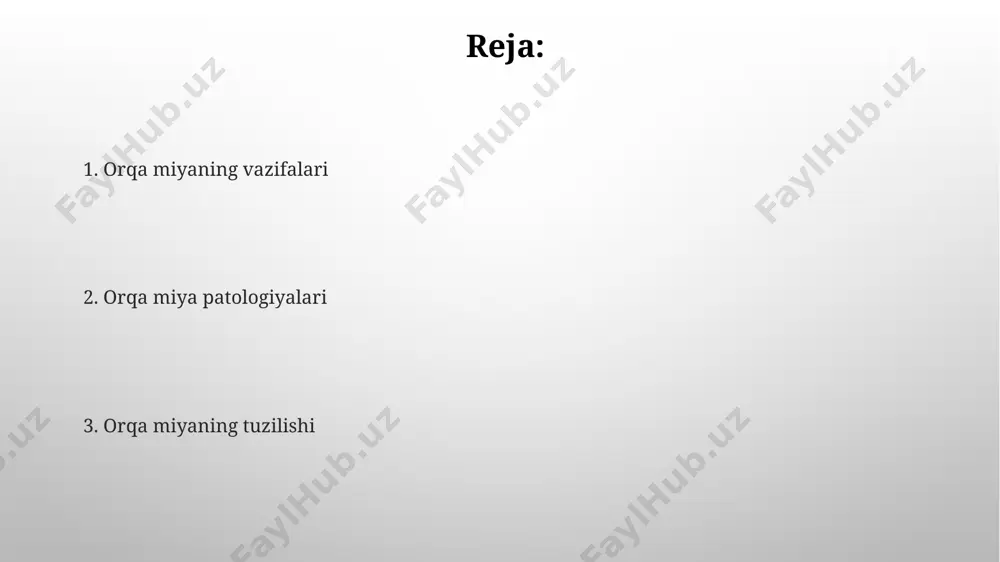 ni taxminan 30 ga yaqin. harakatni boshqarish orqa miya 31 juft segmentdan iborat boʻlib, har bir segmentdan chiquvchi nerv ildizlari tananing aniq mushak guruhlarini innervatsiya qiladi, bu esa harakatning nozik tartibga solinishini ta’minlaydi. serebellumning funktsiyasi, postural tonusni saqlash va harakatlarni muvofiqlashtirish bilan birga, 1000 dan ortiq mushak tolasi faoliyatini bir vaqtning oʻzida monitoring qilishni oʻz ichiga oladi. reflekslar orqa miya refleks yoyi 5 ta asosiy komponentdan: retseptor, afferent neyron, orqa miya markazi, efferent neyron va effektorlardan iborat bo'lib, mushaklarning tezkor javobini ta'minlaydi. superfisiyal reflekslar, masalan, plantar refleks (babinski refleksi), teri retseptorlarini qo'zg'atish orqali l5-s1 segmentlarida mushaklarning javob reaksiyasini tekshiradi va markaziy nerv sistemasining shikastlanishini aniqlashda yordam beradi. sezuvchanlikni uzatish proprioseptiv sezuvchanlik (mushaklarning holati haqida ma'lumot) asosan dorsal ustunlardagi golgi tendon organlari va mushak shpindellari orqali, 1a va ii afferent tolalar vositasida uzatiladi. dorsal shoxdagi ii-vi segmentlarda joylashgan neyronlar terining nozik sezuvchanligini (issiqlik, sovuq, og'riq) qabul qilib, uzatadi. orqa miya traktlari …