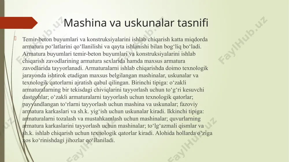 larining tavsiflari va mexanizatsiya darajasi bilan quyidagicha farqlanadi: to‘ldirilgan dastgohlar, armatura bilan mexanizatsiyalashgan qirqadigan qurilmada elektromagnit uzunlikni o‘lchaydigan, o‘zini-o‘zi tishlashtirib qo‘yadigan pichoqlar bilan jihozlangan. uzun armatura o‘zagini olish uchun mo‘ljallangan dastgohlar, to‘g‘rilagich barabanidan bir yarim yoki ikki metr masofada joylashgan charxpalakda armatura simining qavatlangani mavjud. armatura simlari berilgan uzunlik bo‘yicha qirqilishi rostlanadi va boshqariladi. dastgohni qo‘shgandan so‘ng, armaturaning barcha o‘ramlari to‘liq ishlatilguncha ishlaydi. kalta armatura o‘zagini olish uchun mo‘ljallangan dastgohlarning ishlash prinsipi armaturani davriy uzatish va kesish lahzasida to‘xtashga asoslangan. ushbu dastgohga bir vaqtning 4-rasm. armatura po‘lati uchun to‘g‘ri kesuvchi dastgoh. o‘zida to‘rtta armatura o‘zagini uzatilishi, uzluksiz uzatish bilan ishlaydigan dastgohga nisbatan ishlab chiqarish samaradorligini beradi. to‘g‘rilash dastgohlarida ko‘pincha gidrotexnika qurilishida ishlatiladigan 40 mm gacha qalinlikdagi armaturaning egilgan o‘zagi rostlanadi. bunday rostlash uskunasi nafaqat armatura o‘zagini to‘g‘rilash, balki quvurli buyumlar olish uchun ham qo‘llaniladi. armatura po‘lati chiviqlarini ishlov berishga keltirish va to‘g‘rilash talab etilmaganda, mexanik uzatma dastgohi yordami bilan bir …