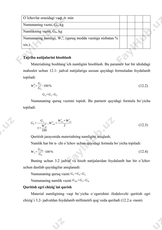 chizig`i chiziladi, ordinata o`qida quritish tezligi qiymatlari (% / soat), absissa o`qida- material namligi (%), (12.2.b- rasm) grafikda kritik namlikka to`g`ri keluvchi kritik nuqta belgilanadi. 12.3-jadval parametrlar nuqta raqamlari 1 2 3 4 5 6 7 nuqtalardagi namlik w0, % quritish tezligi %/soat a) b) 12.2-rasm. quritish egri chizig`i (a) va quritish tezligi egri chizig`i (b) o`z-o`zini tekshirish uchun savollar 1. konvektiv quritishni izohlab bering. 1. quritish egri chizigi qanday quriladi? 1. quritish tezligi egri chizig`i qanday quriladi? 1. grafik differensiallash uslubining mohiyati nimadan iborat? 1. quritish va quritish tezligi egri chiziqlarini tahlil qilib bering. image1.jpeg image2.png image3.png