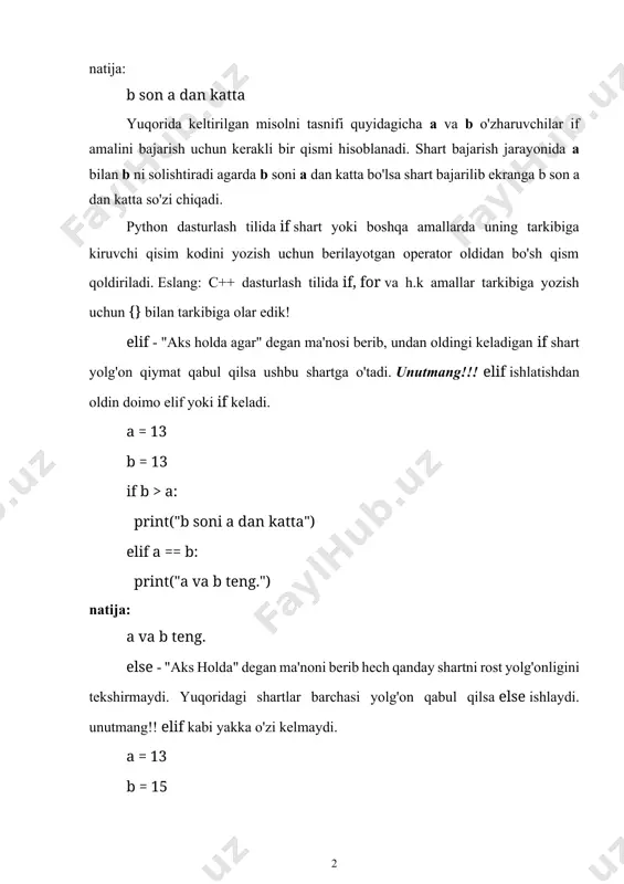 zishinigiz kerak bo'ladi. if a > b: print("a b dan katta") natija a b dan katta if...else qisqa shakli qisqa shakli ya'ni if va else bir qatorda shakllantirish uchun shart amalimiz rost qiymat qabul qiladigan operatorlarni birinchi yozamiz so'ngra else bajariladigan operatorlarni kiritamiz. a = 13 b = 15 print("a") if a > b else print("b") keyslar banki keys 1. dastur ishlab chiqildi va ushbu dastur ekrandan kiritilgan yilni so‘z bilan yozib beradi. lekin dastur kiritilgan yil faqat mingdan kichik bo‘lgandagina to‘g‘ri natija beradi. dastur milliongacha bo‘lgan yil kiritilganda ham uni so‘z bilan yozishi kerak. dasturni to‘g‘ri ishlashini ta’minlash kerak. keysni bajarish bosqchilari va topshiriqlar: • keysdagi masalani ishlanish algoritmini o‘rganing (individual va kichik guruhda). • keysdagi muammoni hal qilish yo‘llarini aniqlang (individual va kichik guruhda). • python dasturlash tilida dastur kodini taqdim eting (individual holda). nazorat savollari 1. mantiqiy qo‘shish operatori nechta ifoda orqali hisoblanadi? 2. mantiqiy inkor operatori …