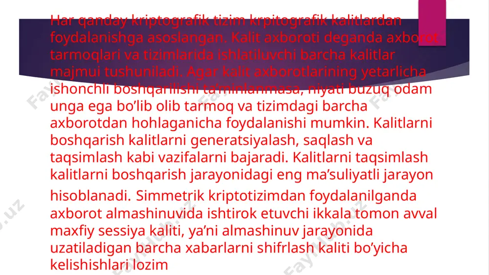 i o’qishga imkon beradi. bo’lishi mumkin bo’lgan suiiste’mollar tarmoq xavfsizligining jiddiy buzilishiga olib kelishi mumkin. 2.3.oshkora kriptografiya bundan 32 yil muqaddam diffi-xellman tomonidan ixtiro qilingan. uning simmetrik kriptografiya amalga oshirishi mumkin bo‘lmagan sohalardan birinchisi elektron raqamli imzo bo‘lsa, ikkinchisi maxfiy parametrlarni himoyalanmagan aloqa kanali orqali almashishidir. iap 03416-son patentiga muvofiq, maxfiy kalitlarni generatsiyalash tizimini yaratish hozirgi kunda jahonda keng foydalanilayotgan diffi-xellman usuliga asos bo‘lgan bir tomonlama darajaga oshirish funktsiyasi o‘rniga maxfiy parametr bilan darajaga oshirish funktsiyasidan foydalanishga asoslangan. unda dastlabki aloqa seansida etarli bardoshlilikka ega tub modul asosida oshkora parametrli darajaga oshirish funktsiyasi ishlatilib, dastlabki maxfiy shifrlash kaliti generatsiyalangach, keyingi aloqa seanslarida undan parametr sifatida foydalanilib, katta bo‘lmagan modulda maxfiy shifrlash kalitlarini generatsiyalashga o‘tiladi. bu kriptotizim bardoshliligi va tezkorligini keskin darajada oshirishga imkon beradi. ayni paytda respublikamizning turli sohalarida, shu jumladan, soliq to‘lovi tizimida, axborot-kommunikatsiya sohalarida tatbiq etilayotgan himoyalangan elektron pochta e-xat va himoyalangan elektron xujjat almashuv e-hujjatda mazkur patentga …