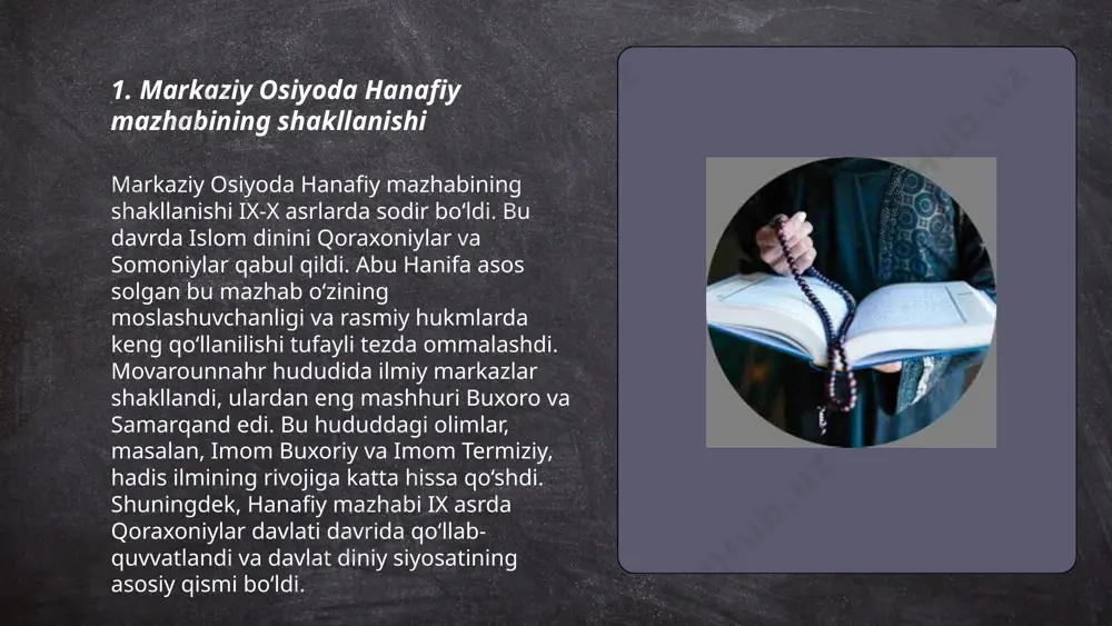 ) fiqh ilmining tarqalishida asosiy rol oʻynagan. u hanafiya mazhabining asoschisi hisoblanadi. imom molik (711-795) molikiya mazhabini asoslagan boʻlib, uning asarlari va fiqhiy qarorlari butun islom olamida keng tarqaldi. imom shofeʼiy (767-820) shofeʻiya mazhabining asoschisi boʻlib, u "risola" nomli asari bilan tanilgan. imom ahmad ibn hanbal (780-855) hanbaliya mazhabining asoschisi bo'lib, u qattiq fiqhiy pozitsiyalari bilan mashhur edi. ushbu toʻrt imomning ilmiy ishlari va oʻquvchilari islom huquqshunosligining rivojiga katta hissa qoʻshgan. ... t.me/slaydai_bot 7. markaziy osiyo madrasalarida fiqh ta'limi markaziy osiyodagi madrasa ta'limida fiqh ilmi muhim o‘rin tutgan. vii-xii asrlarda buxoro, samarqand, va toshkent shaharlarida fiqh o‘qitilishi kengaygan. fiqh darslari imom abu hanifa mazhabiga asosan olib borilgan. al-farg‘oniy, al-buxoriy, va al-moturidiy kabi olimlar fiqh ilmini rivojlantirgan. xii asrda marvda 10 ga yaqin fiqh madrasalari faoliyat yuritgan. xv asrda samarqanddagi ulug‘bek madrasasi fiqh uchun markaz bo‘lgan. markaziy osiyoda fiqh ta'limi hiloliy va husayn voiz koshifiy kabi olimlar tomonidan davom ettirilgan. xviii …