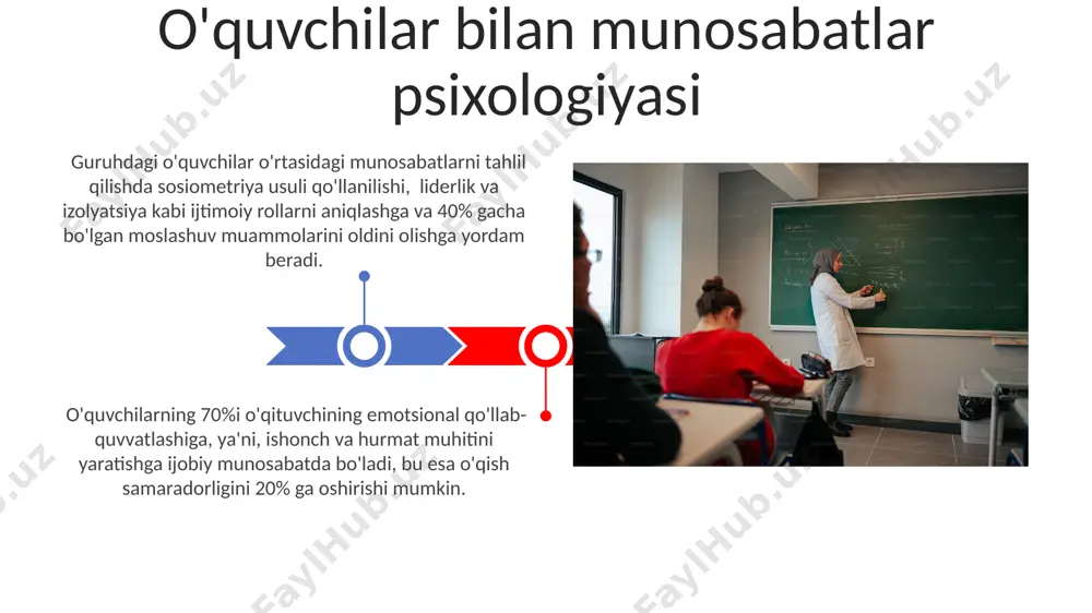 nlari o'quvchilarning individual farqlarini hisobga olish o'quvchilarning intellektual qobiliyatlari (iq) 85 dan 115 gacha bo'lgan diapazonda normal tarqalgan bo'lib, individual o'qitish rejalarini tuzishda ushbu farqlarni hisobga olish muhimdir. har bir o'quvchining kognitiv uslubi (ya'ni, ma'lumotni qabul qilish va qayta ishlash uslubi) turlicha bo'lib, kamida 5 turga bo'linadi. ushbu xususiyatlarni hisobga olgan holda individual yondashuv talab etiladi. o'qituvchining motivatsiyasi va qoniqishi ta'lim sohasidagi raqobatbardoshlik va professional rivojlanish imkoniyatlari o'qituvchilarning motivatsiyasi va kasbiy qoniqish darajasiga ijobiy ta'sir ko'rsatadi, 50% ga yaqin o'qituvchilar buni ta'kidlaydi. o'qituvchilarning 70% dan ortig'i o'quvchilarning muvaffaqiyatiga guvoh bo'lish orqali yuqori darajadagi ish qoniqishini his qilishadi, bu esa ularning motivatsiyasini oshiradi. e'tiboringiz uchun rahmat @taqdimot_robot image4.jpg image5.jpg image6.jpg image7.jpg image8.jpg image9.jpg image10.jpg image11.jpg image12.jpg image13.jpg image14.jpg image1.jpeg image2.jpeg