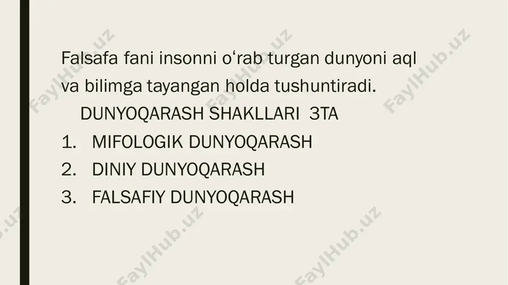 etishning oʻziga hos hususiyatlari dunyoni bilish sezish koʻrish va tushunishning butunlay yangi shakli falsafa vujudga kelishida namoyon boʻladi.darxaqiqat falsafa u yoki bu odamning dunyoqarashi ning shakli balki ijtimoiy ong shakli inson borligʻidir. slide 1: diniy dunyoqarash shakllari slide 2 slide 3 slide 4 slide 5 slide 6 slide 7 slide 8 slide 9 slide 10