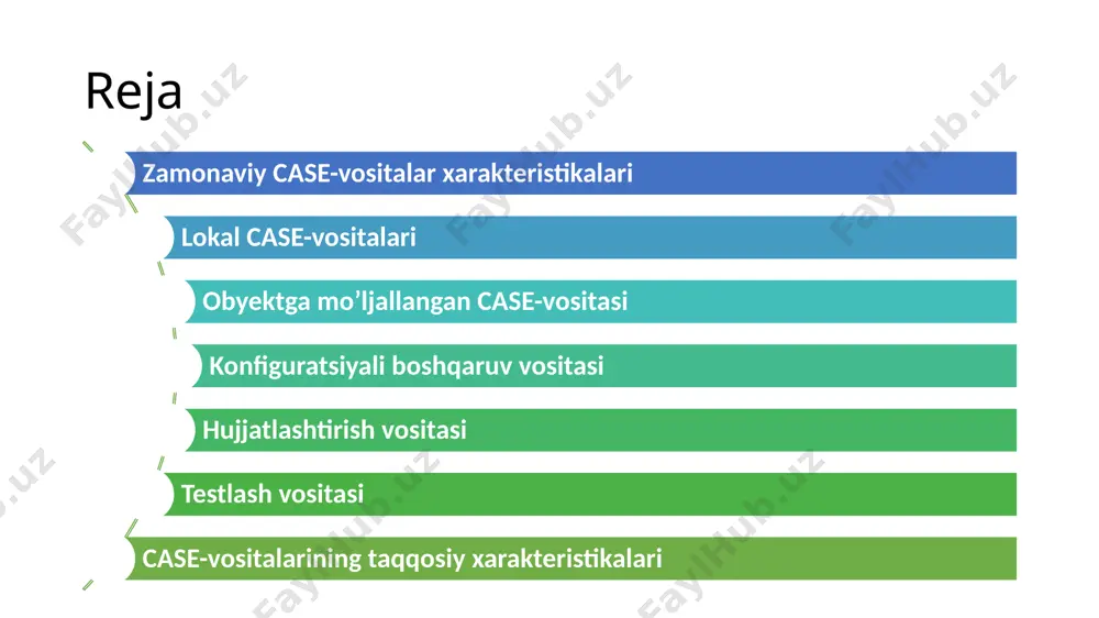 tage team builder integrallashgan dasturiy mahsuloti - dasturiy ta’minot hayotiy davrining kaskadli modelini tadbiq etish va to’liq qo’llab-quvvatlash uchun mo’ljallangan. vantage team builder quyidagi vazifalarni bajaradi: ma’lumotlar diagrammasini, “mavjudlik-aloqadorlik” tizimini, ma’lumotlar strukturasi, dasturlar sxemasi va ekran formalari ketma-ketligini loyihalash; tizim arxitekturasi diagrammasini loyihalash 4 gl tilida dastur kodini generatsiyalash, mb jadvallarini yaratish uchun sql kodini generatsiyalash c tilida dasturlash loyiha konfiguratsiyasi va versiyasini boshqarish standart shablonlar yordamida hujjatlarni loyihalash va generatsiya qilish cdif formatidagi loyiha ma’lumotlarini import va eksport qilish unix platformalarida (colaris, sco unix, aix, hp-ux) ishlatiladi silverrun silverrun - computer systems advisers (csa) firmasining mahsuloti bo’lib, dastur ta’minoti hayotiy davrining spiral modeliga mo’ljallangan bo’lib, biznesklass axborot tizimlarini loyihalash va tahlil etish uchun ishlatiladi. ixtiyoriy metodologiyani qo’llab turli axborot modellarini qurishda ishlatilishi mumkin. silverrun modulli strukturaga ega bo’lib, har biri mustaqil mahsulot hisoblanadigan to’rtta moduldan tuzilgan biznes jarayonlarni qurish moduli bunda ma’lumotlar diagramma ko’rinishida bo’lib, tashkilot yoki yaratilayotgan axborot …