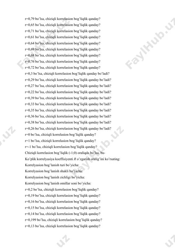 ziqli korrelasion bog’liqlik qanday? r=0,71 bo’lsa, chiziqli korrelasion bog’liqlik qanday? r=0,61 bo’lsa, chiziqli korrelasion bog’liqlik qanday? r=0,64 bo’lsa, chiziqli korrelasion bog’liqlik qanday? r=0,69 bo’lsa, chiziqli korrelasion bog’liqlik qanday? r=0,68 bo’lsa, chiziqli korrelasion bog’liqlik qanday? r=0,76 bo’lsa, chiziqli korrelasion bog’liqlik qanday? r=0,72 bo’lsa, chiziqli korrelasion bog’liqlik qanday? r=0,3 bo’lsa, chiziqli korrelasion bog’liqlik qanday bo’ladi? r=0,29 bo’lsa, chiziqli korrelasion bog’liqlik qanday bo’ladi? r=0,27 bo’lsa, chiziqli korrelasion bog’liqlik qanday bo’ladi? r=0,22 bo’lsa, chiziqli korrelasion bog’liqlik qanday bo’ladi? r=0,39 bo’lsa, chiziqli korrelasion bog’liqlik qanday bo’ladi? r=0,33 bo’lsa, chiziqli korrelasion bog’liqlik qanday bo’ladi? r=0,35 bo’lsa, chiziqli korrelasion bog’liqlik qanday bo’ladi? r=0,36 bo’lsa, chiziqli korrelasion bog’liqlik qanday bo’ladi? r=0,38 bo’lsa, chiziqli korrelasion bog’liqlik qanday bo’ladi? r=0,26 bo’lsa, chiziqli korrelasion bog’liqlik qanday bo’ladi? r=0 bo’lsa, chiziqli korrelasion bog’liqlik qanday? r=1 bo’lsa, chiziqli korrelasion bog’liqlik qanday? r=-1 bo’lsa, chiziqli korrelasion bog’liqlik qanday? chiziqli korrelasion bog’liqlik (-1;0) oraliqda bo’lsa, bu- ko’plik korrelyasiya koeffisiyenti r o’zgarish oralig’ini ko’rsating: korrelyasion bog’lanish …