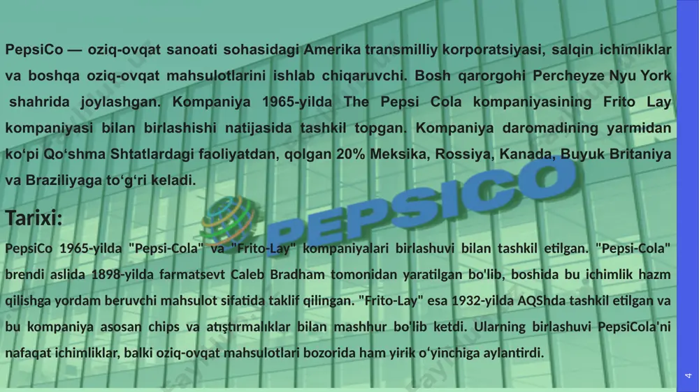 ngs (yaponiya) hamkorlikning mohiyati: pepsico yaponiya bozorida o‘z mahsulotlarini ishlab chiqarish va tarqatish uchun suntory holdings bilan hamkorlik qiladi. mahsulotlar: pepsi, tropicana, gatorade va boshqa pepsico brendlari. hajmi va ta’siri: ushbu hamkorlik pepsico’ning osiyo bozoridagi ulushini oshirishga yordam beradi, ayniqsa yaponiya kabi yirik bozorda. dasturiy va texnologik hamkorlik microsoft: pepsico microsoft bilan bulutli xizmatlar va sun’iy intellekt sohasida hamkorlik qilmoqda. bu ularga ta’minot zanjirini optimallashtirish va ishlab chiqarish jarayonlarini yanada samarali qilishda yordam beradi. ibm: kompaniya ibm bilan hamkorlikda analytics, ma’lumotlarni boshqarish va ta’minot zanjirini avtomatlashtirish bo‘yicha bir necha dasturlarni amalga oshirmoqda. pepsico kompaniyasi statistikasi pepsico global oziq-ovqat va ichimliklar kompaniyasi sifatida keng statistik ko‘rsatkichlarga ega. ularning ayrim asosiy statistik ma’lumotlari quyidagilar: asosiy moliyaviy ko‘rsatkichlar mahsulot va raqamlar barqaror rivojlanish statistikalari ishchi kuchi 13 asosiy moliyaviy ko‘rsatkichlar yillik daromad: pepsico 2022-yil davomida taxminan 86 milliard aqsh dollari miqdorida daromadga erishdi. bu kompaniyani dunyodagi eng yirik oziq-ovqat va ichimliklar ishlab chiqaruvchi …