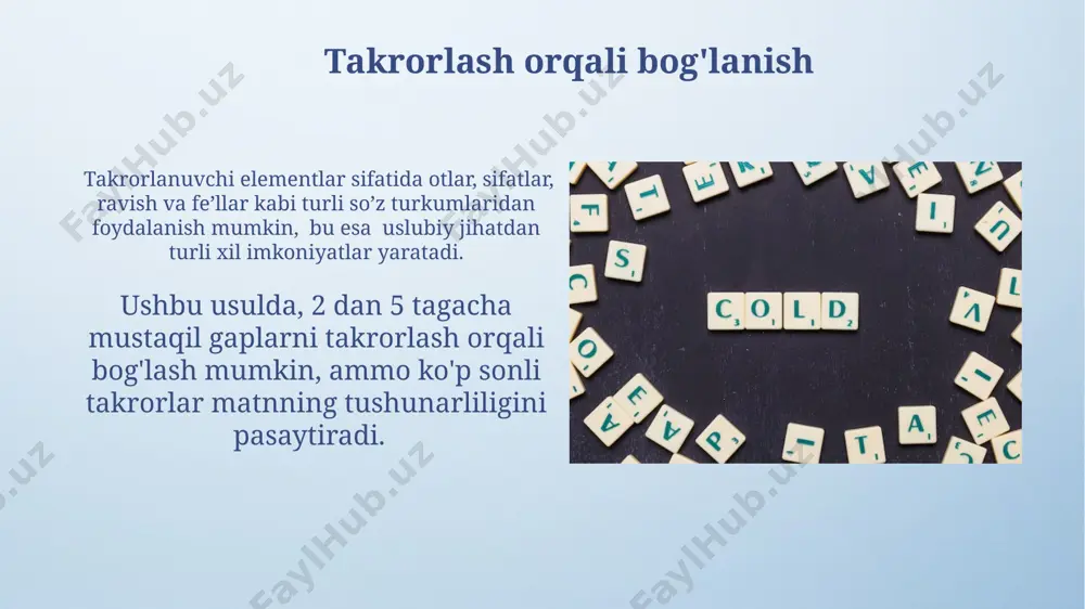 nadi, grammatik jihatdan esa bog'lovchilar bilan ifodalanmaydi. asossiz murakkab gaplarda nuqta qo'yish holatlari agar asossiz murakkab gap 3 yoki undan ortiq sodda gaplardan tashkil topgan bo'lsa va ularning orasida mantiqiy aloqa bo'lmasa, har bir sodda gapdan keyin nuqta qo'yiladi. bu holda 3 ta mustaqil fikr bir-biriga bog'liq emas. asossiz murakkab gaplardagi sodda gaplar o'rtasida nuqta qo'yish, agar ularning o'rtasida mantiqiy bog'liqlik zaif yoki yo'q bo'lsa, yoki gaplar mustaqil ma'noga ega bo'lsa amalga oshiriladi. masalan, 2 ta mustaqil voqea bayon etilsa. e'tiboringiz uchun rahmat @taqdimot_robot image4.png image5.jpg image6.jpg image7.jpg image8.jpg image9.jpg image10.jpg image11.jpg image12.jpg image13.jpg image14.jpg image15.jpg image16.jpg image17.jpg image18.jpg image19.jpg image3.jpeg