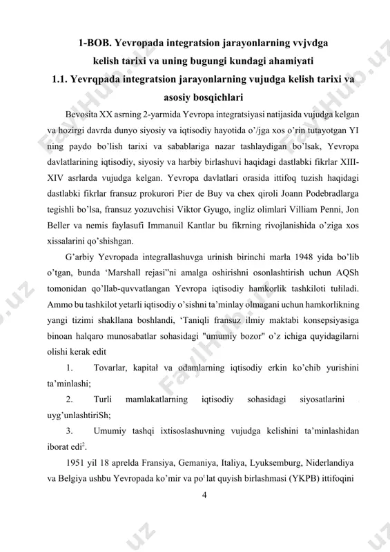 gida yevropa atom energiyasi bo’yicha hamjamiyati va yevropa iqtisodiy hamjamiyatini tuzish bo’yicha qo’mita tuzildi. olib borilgan muzokaralar natijasida ushbu qo’mita 1956 yil o’z faoliyatini yakunlab, 1957 yil mart oyida ykpbga a’zo 6 ta davlat tomonidan imzolangan va 1958 yil i yanvarda kuchga kirgan yevlt)pa atom energiyasi bo’yicha hámjamiyati va yevropa iqtisodiy harnjamiyatini tuzishga asos bo’lgan shartnomani ishlab chiqishga erishdff. yevratomning tashkil etilishi unga a’zo davlatlar orasida tinch maqsadlarda foydalanish uchun yadroviy energetika sohasini rivojlantirishga qaratilgan bo’lsa, yevropa iqtisodiy hamjamiyatini tashkil qilish yevropa davlatlarining iqtisodiy jihatdan birlashishini anglatar ediyevropa iqtisodiy hamjamiyatini tashkil etishdan asosiy maqsad kelgusida yevropa davlatlarining siyosiy integratsiyasiga zamin yaratish edi- yevratomning tashkil etilishi esa bu boradagi dastlabki ishonchli’qadam ediv shu munosabat bilan yevropa ittifoqidagi integratsiya jarayonlari mobaynida to’plangan tajriba muhim ahamiyatga ega ekanini ta’kidlash o’rinlidir„ mazkur ittifoqning 50 yillik taraqqiyoti davrida to’rtta asosiy bosqichni ajratib ko’rsatish mumkin. bular integratsiya jarayonining samaradorligi va tashkiliy shakllari jihatidan bir-biridan farq qiladi, …