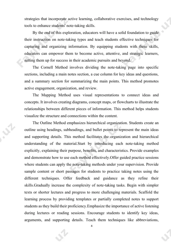 method emphasizes hierarchical organization. students create an outline using headings, subheadings, and bullet points to represent the main ideas and supporting details. this method facilitates the organization and hierarchical understanding of the material.start by introducing each note-taking method explicitly, explaining their purpose, benefits, and characteristics. provide examples and demonstrate how to use each method effectively.offer guided practice sessions where students can apply the note-taking methods under your supervision. provide sample content or short passages for students to practice taking notes using the different techniques. offer feedback and guidance as they refine their skills.gradually increase the complexity of note-taking tasks. begin with simpler texts or shorter lectures and progress to more challenging materials. scaffold the learning process by providing templates or partially completed notes to support students as they build their proficiency.emphasize the importance of active listening during lectures or reading sessions. encourage students to identify key ideas, arguments, and supporting …