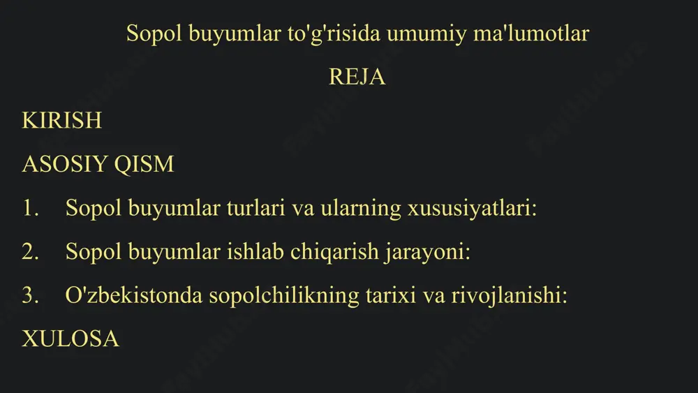 yuqori haroratda pishiriladi, natijada ular mustahkam va chidamli bo'ladi. sir qoplash (kerak bo'lsa) buyumlarga sir qoplamasi beriladi, bu ularning tashqi ko'rinishini yaxshilaydi va suv o'tkazmasligini ta'minlaydi. 5 sopol buyumlarning qo'llanilishi: maishiy, san'at, qurilish maishiy idish-tovoq, oshxona anjomlari, dekorativ buyumlar. san'at haykallar, vazalar, pannolar, suvenirlar. qurilish g'ishtlar, kafel, sanitariya-texnik buyumlar. 6 sopol buyumlarning afzalliklari va kamchiliklari afzalliklari chidamlilik va mustahkamlik issiqlikka chidamlilik kimyoviy ta'sirlarga bardoshlilik estetik jihatdan jozibadorlik ekologik tozalik kamchiliklari mo'rtlik (zarba ta'sirida sinishi mumkin) ishlab chiqarishning murakkabligi ba'zi turlari qimmat bo'lishi mumkin 7 o'zbekistonda sopolchilik tarixi va rivojlanishi 1 qadim zamonalardan o'zbekistonda sopolchilik tarixi juda qadim zamonalarga borib taqaladi. arxeologik qazishmalar davomida topilgan sopol buyumlar buning yaqqol dalilidir. 2 o'rta asrlar o'rta asrlarda sopolchilik hunarmandchiligi yanada rivojlandi. samarqand, buxoro, xiva kabi shaharlarda sopolchilik markazlari shakllandi. 3 bugungi kun bugungi kunda o'zbekistonda sopolchilik san'ati davom etmoqda. rishton, g'ijduvon kabi markazlar o'zining noyob uslubi bilan mashhur. 8 mashhur o'zbek sopolchiligi markazlari: …