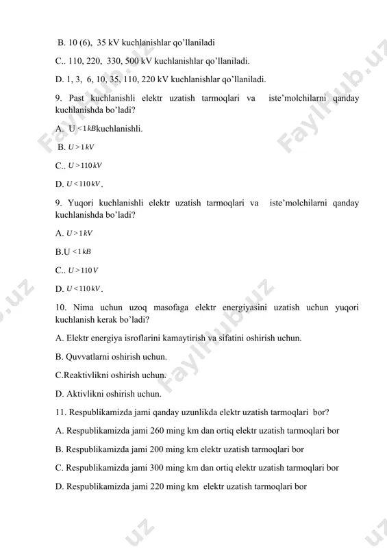 ladi? a. elektr energiya isroflarini kamaytirish va sifatini oshirish uchun. b. quvvatlarni oshirish uchun. c.reaktivlikni oshirish uchun. d. aktivlikni oshirish uchun. 11. respublikamizda jami qanday uzunlikda elektr uzatish tarmoqlari bor? a. respublikamizda jami 260 ming km dan ortiq elektr uzatish tarmoqlari bor b. respublikamizda jami 200 ming km elektr uzatish tarmoqlari bor c. respublikamizda jami 300 ming km dan ortiq elektr uzatish tarmoqlari bor d. respublikamizda jami 220 ming km elektr uzatish tarmoqlari bor 12. o’zbekiston respublikasi elektrostantsiyalari iste’molchilar uchun, 2018 yilda va 2019 yilda qancha miqdorda elektr energiyasi ishlab chiqardi? a. o’zbekiston elektr tarmoqlari elektrostantsiyalari iste’molchilar uchun, 2018 yilda 62,8 mlrd kvt·s va 2019 yilda 65,3 mlrd kvt·s elektr energiyasi ishlab chiqardi b. o’zbekiston elektr tarmoqlari elektrostantsiyalari iste’molchilar uchun, 2018 yilda 52,5 mlrd kvt·s va 2019 yilda 55,3 mlrd kvt·s elektr energiyasi ishlab chiqardi c. o’zbekiston elektr tarmoqlari elektrostantsiyalari iste’molchilar uchun, 2018 yilda 42,6 mlrd kvt·s va 2019 yilda …