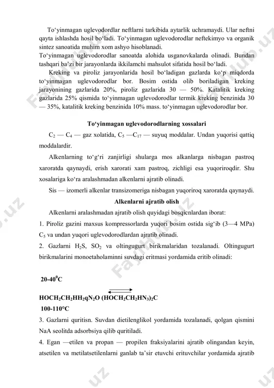 rli alkan va alkenlarnikidan yuqoriroq. zichligi to‘g‘ri zanjirliklarnikidan yuqori, aromatik uglevodorodlarnikidan kamroqdir. fizikaviy va ximiyaviy xossalariga ko‘ra halqali alkanlarni quyidagi gruppalarga bo‘lish mumkin: kichik halqali (c3 — c4), oddiy (c5, c6, c7), o‘rta (c8 — c12) va katta halqali (>c12). siklopropan va siklobugan tezda reaksiyaga kirishadilar. ular to‘yinmagan uglevodorodlarga o‘xshaydi. siklobugan, siklopengan va siklogeksanlar bu sharoitda reaksiyaga kirishmaydilar. o‘rta va yuqori halqali alkanlar bu sharoitda reaksiyaga kirishmaydilar. halqali alkanlarning ko‘p xossalari alkanlarnikiga o‘xshaydi. vodorod atomi galogenlarga, kislotalarga almashinisni mumkin: c5 va c6 burchaklilar a1c13 yoki albr3 ni vositasida nalqa kichkinalanisni yoki izomerlanisni mumkin. oksidlanisn. siklogeksanni suyuq, fazada kobalt tuzini ishtirokida 145—170°s da va 1mpa navo bilan oksidlansa siklogeksahol, siklogeksanon va har xil karbon kislotalari, hamda ularning efirlarni (qo‘shimcha chiqindi hisobida) hosil bo‘ladi. perbromlash. bu usulni aralashmaning tarkibidagi halqali alkanlar va ularning arenlar bilan birikkan murakkab birikmalarini aniqlash uchun qo‘llaniladi. buning uchun oldin teksniriladigan fraksiyadan sulfat kislotasi yordamida alkenlar va arenlarni …