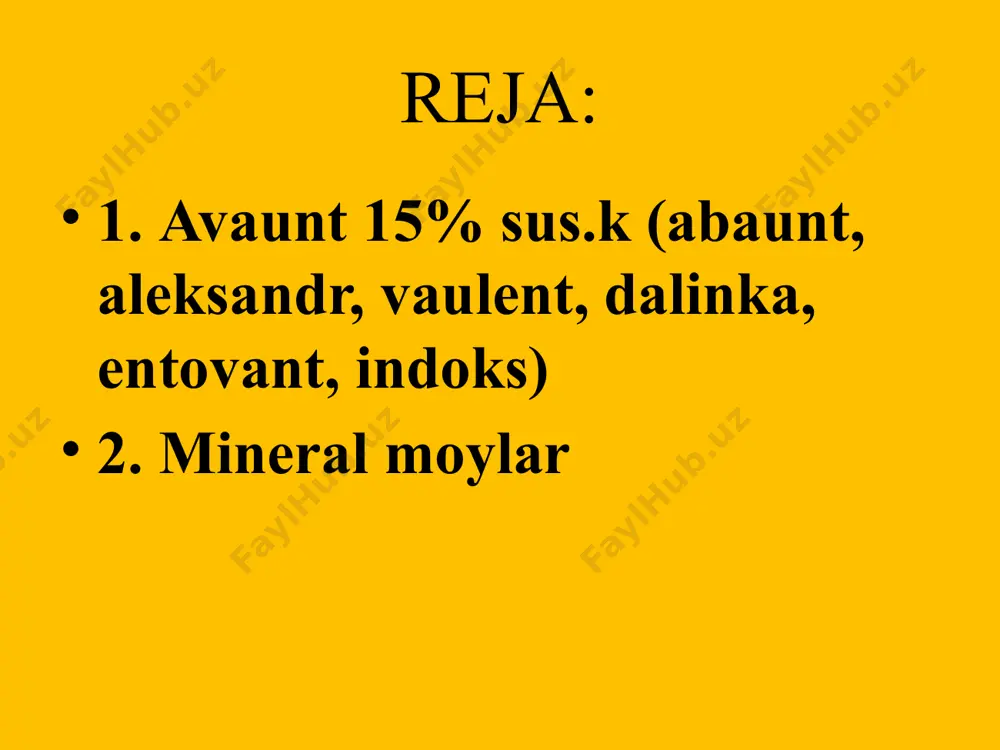 va suv almashinuv jarayonini buzadi, bunda tashqari,ular hasharotlar tanasi kutikulasini yemiradi. mineral moylar odam uchun kam zaharli,lekin ular terini yallig’lantiradi va yaralar hosil qiladi. mineral moylardan turli preparatlar tayyorlanadi va qo’llaniladi: preparat №30, 30 s.,30ss. preprat №30 tarkibida 40% parafinli mineral moyi bor,yashil o’simliklarga fitotsid ta’sirli. preparat №30 tarkibida parafin solyarka moyi bilan almashtirilgan bo’lib, yashil o’simliklarga kamroq quydiruvchi ta’sirga ega. prerarat №30 qalqondorlarga, shiralarga qarshi erta bahorda 3-4 % kontsentratsiyalarda qo’llaniladi. sarflash me’yori 40-100l/ga,”kutish vaqti” 7 kun. nitrofenollar-ko’pgina nitrofenollar yuqori biologik faollikka ega bo’lib, ular hasharotlar, bakteriyalar va zamburug’larning barcha rivojlanish bo’g’inlariga zaharli ta’sir qiladi.bular odam va issiq qonli hayvonlar uchun o’rtacha va yuqori zaharlidir. nitrafen.bu nitrofenollar guruhiga mansub. u to’q-qo’ng’ir tusli pastasimon massadir. suvda yaxshi eriydi. bu preparat insektoakaritsid va kuchli gerbitsid. odam uchun o’rtacha zaharli. nitrafen 60% li pasta holida chiqariladi,2-3% eritma holida 30-60kg/ga qo’llaniladi. qalqondorlar,shiralar,kanalar tuxumlariga yaxshi ta’sir qiladi.sohta un-shudring zamburug’i kasalliklariga qarshi qo’llaniladi. mineral moylar …