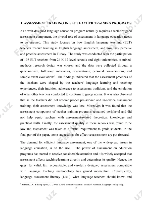 data to evaluate a language course and its constituents and revise them both to improve student learning and meet program goals via sharing assessment data with related stakeholders . the discussions about the role of assessment in language education eventually direct attention to the quality of assessment training in pre-service and in-service teacher training programs coombe et al., 2020; hill, 2017; elt teacher training programs have a broad spectrum ranging from linguistics, literature, pedagogy, and guidance-counseling to approaches and methods of language teaching. with the help of this comprehensive focus, elt teachers are expected to be equipped with the necessary knowledge and skills to teach english efficiently. however, it can be claimed that the training programs strictly emphasize language teaching methods and fail to give equal importance to assessment. thus, the fact that a language teaching methodology adopted in a language program naturally creates its assessment system and is only …