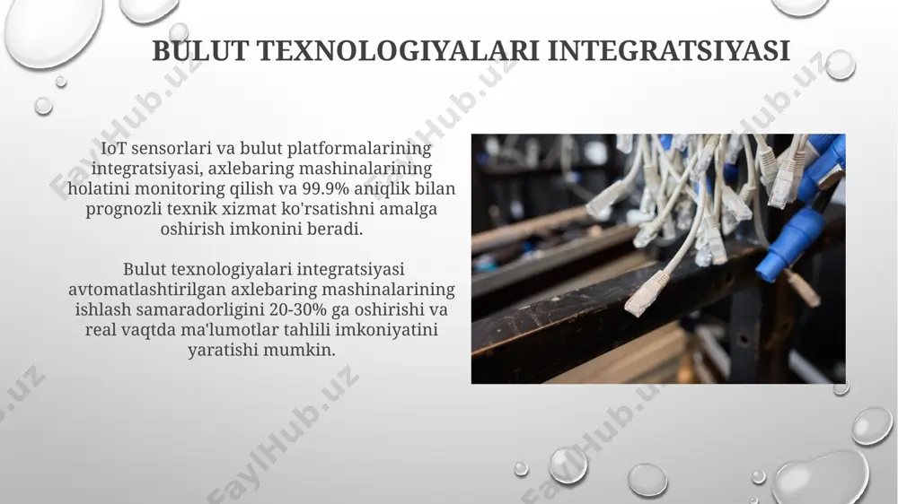 lashtirishni qo'llash orqali ishlab chiqarish tezligini 15-20% ga oshirish va xatoliklar sonini 5% ga kamaytirish mumkin. kelajakdagi tendentsiyalar kelajakda o'qsimon ishlov berish stanoklarida sun'iy intellekt (ai) yordamida avtomatlashtirish darajasi 50% ga oshishi va bu ishlab chiqarish samaradorligini 20% ga oshirishi kutilmoqda. 2030 yilga kelib, o'qsimon ishlov berish stanoklarining 80% dan ortig'i katta ma'lumotlarni tahlil qilish (big data) tizimlari bilan integratsiyalashgan holda ishlashi va bu sifat nazoratini yaxshilashga olib keladi. aksbaring stanoklari ta'rifi aksbaring stanoklarining asosiy xususiyatlaridan biri bu yuqori qattiqlik va aniqlikka ega bo'lgan maxsus qotishma materiallardan (masalan, 40x po'latdan) yasalgan presizion mexanizmlardir. aksbaring stanoklari, metallarni yuqori aniqlikda (0,01 mm gacha) ishlov berish uchun mo'ljallangan bo'lib, 5 o'qdan ortiq harakatlanuvchi qismlarga ega bo'lishi mumkin. ma'lumotlarni yig'ish va qayta ishlash tarmoqdagi 25 ta axlebaring stanogi tomonidan to'plangan ma'lumotlarni markazlashtirilgan serverda tahlil qilish orqali ishlab chiqarish jarayonini monitoring qilish va statistik tahlilni amalga oshirish mumkin bo'ladi. aksbaring stanoklaridan olingan 1000 ta ma'lumot …