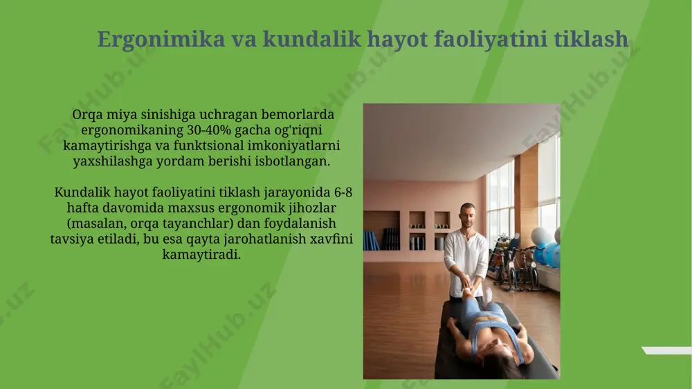 ga. dastlabki reabilitatsiya davri dastlabki reabilitatsiya davrida og'riqni boshqarish uchun analjeziklar, masalan, paratsetamol yoki nsaidlar, kuniga 3-4 marta, shifokor tavsiyasi asosida qo'llaniladi. bemorlarga yotoqda dam olish tavsiya etiladi, ammo har 2 soatda 10-15 minutlik faol harakatlar, masalan, nafas olish mashqlari yoki oyoq-qo'l harakatlari bajarilishi kerak. oila a’zolari va yaqinlarning roli yaqinlarning ruhiy-emotional qo’llab-quvvatlashi, ayniqsa, jarrohlikdan keyingi 2-4 hafta davomida, bemorning og’riqni boshqarish va umumiy tiklanishida juda muhim, 90% hollarda ijobiy ta’sir ko’rsatadi. oila a’zolari bemorning dori-darmonlarini muntazam qabul qilishini ta’minlashda, masalan, kuniga 3 marta, muhim rol o’ynaydi va reabilitatsiya jarayonini 70% ga tezlashtirishi mumkin. muvozanatni tiklash mashqlari murakkab muvozanat mashqlari, masalan, bitta oyoqda turish yoki koʻzlar yopiq holda 30 sekundgacha turish, postural nazoratni va chuqur mushaklarning faolligini yaxshilashga yordam beradi. muvozanatni tiklash dasturiga 2-3 bosqichli tayanchli mashqlar, masalan, parallel ustunlar yordamida yurish yoki yogʻoch taxta ustida yurish kiritilishi kerak. jarrohlik va jarrohliksiz davolash usullari jarrohlik usullari orasida, umurtqa pog'onasini stabilizatsiya …