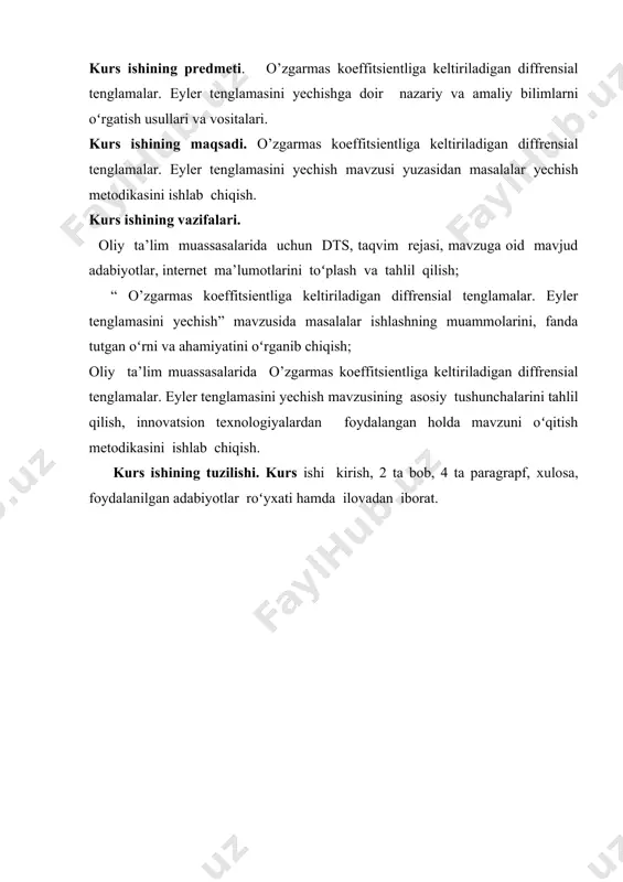amiz. demak, (4.7) w0 0, bu xolda (4.7) dan x ning xech bir qiymatida w 0 kelib chiqadi. 5- teorema. agar (4.3) tenglamaning y1 va y2 yechimlari chiziqli erkli bo’lsa , bu yechimlardan tuzilgan w(y1,y2) - vronskiy determinanti xech bir nuktada nolga aylanmaydi. (4.3) tenglamani integrallashga kirishamiz. yuqoridagi 1-teoremaga ko’ra bu tenglama umumiy yechimi uning 2ta chiziqli erkli xususiy yechimlari yig’indisidan iborat. xususiy yechimni ,k-const ko’rinishda izlaymiz: xosilalarni (4.3) ga qo’yib ( k2 +a1k+a2)ekx=0 yoki k2 +a1k+a2=0 tenglamani xosil qilamiz. bu tenglama (4.3) tenglamaning xarakteristik tenglamasi deyiladi. berilgan (4.8) xarakteristik tenglamaning ildizlari bo’lsin. 1. xarakteristik tenglamaning ildizlari k1 va k2 haqiqiy va xar xil sonlar bo’lsin. bu xolda y1 =ekx va y2 =ekx funksiyalar xususiy yechimlar bo’ladi. bo’lgani uchun ular chiziqli bog’liq emas. demak, umumiy yechim y =c1ekx + c2ekx . ko’rinishda bo’ladi. misol. y’’+y’-2y = 0 tenglamaning umumiy yechimi topilsin. yechish. bu tenglamaning xarakteristik tenglamasini yozamiz: k2+ k-2=0 uni …