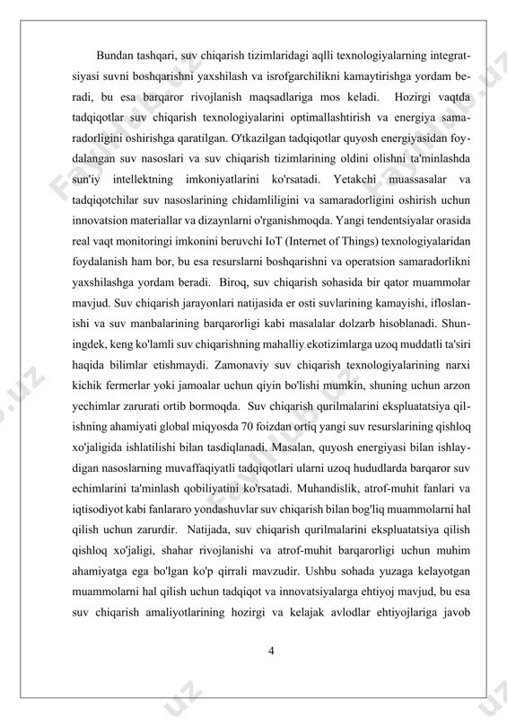 ik qishloqlarda yoki chekka hududlarda, an'anaviy usullar bilan suv chiqarishga qaratilgan. texnologiya rivojlanishi bilan bir qatorda, suv chiqarish usullarining samaradorligini oshirish uchun yangi innovatsion yondashuvlar paydo bo'lmoqda. misol uchun, quyosh energiyasi bilan ishlaydigan pompalar qishloq xo'jaligida suvni chiqarish va sug'orish jarayonida energiya xarajatlarini kamaytirishga yordam beradi. bunday tizimlar, ko'pincha, joylashuvi chekka va elektr ta'minoti muammosi mavjud bo'lgan mintaqalarda foydalaniladi. shuningdek, bu tizimlar ekologik jihatdan toza bo'lib, atrof-muhitga zarar yetkazmaydi. qishloq xo'jaligida suv chiqarish texnologiyalarining yanada takomillashtirilishi va samaradorligini oshirish uchun zamonaviy ilmiy tadqiqotlar olib borilmoqda. masalan, sun'iy intellekt va iot (internet of things) texnologiyalari yordamida suv chiqarish tizimlarining monitoringi va boshqaruvi amalga oshirilmoqda. bu tizimlar orqali real vaqt rejimida suv sarfini nazorat qilish va taklif etilgan suv resurslaridan oqilona foydalanish mumkin. shuningdek, bu texnologiyalar orqali suv chiqarish jarayonlaridagi nosozliklarni aniqlash va ularni oldini olish imkoniyati oshadi. biroq, suv chiqarish texnologiyalaridan foydalanishda ham ba'zi muammolar mavjud. masalan, yer osti suvlarining haddan …