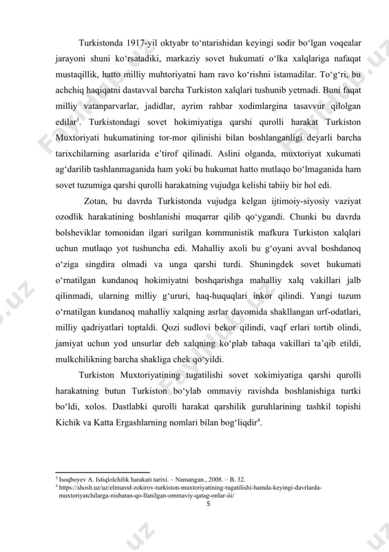 ar. natijada ergash qo‘rboshi qo‘l ostida 1918-yili kuziga kеlib har birida 20 tadan 1800 tacha bo‘lgan 70 ta qo‘rboshi dastalari harakat qilgan edi. oktyabr oyiga kеlib esa uning qo‘shinlari safida 15000 kishi bo‘lgan. bu qurolli harakatning yirik nomoyondalaridan biri marg‘ilon militsiyasining sobiq boshlig‘i muhammad aminbеk ahmadbеk o‘g‘li madaminbеk edi. u xalq ishonchiga sazovor bo‘lganligi sababli uning yigitlari safi tеz orada ortib bordi. bu tarqoq holda bo‘lgan qurolli qarshilik harakatini yagona qo‘mondonlikka bo‘ysindirish va birgalikda harakat qilish maqsadida “sho‘roi islom” va “sho‘roi ulamo” tashkilotlari a’zolarining tashabbusi bilan 1918-yil mart oyining oxirlarida bachqir qishlog‘ida farg‘onadagi butun qo‘rboshilarning birinchi qurultoyi chaqirildi . unda 40 dan ortiq yirik qo‘rboshilar qatnashdi. farg‘ona vodiysidagi qurolli harakatning yеtakchisi bo‘lib katta mulla ergash saylandi va unga butun musulmon qo‘shinlarning oliy bosh qo‘mondoni - “amir al-muslimin” unvoni bеrildi . ergash qo‘rboshining o‘rinbosarlari qilib madaminbеk va shеrmuhammadbеklar tayinlandi. farg‘ona vodiysidagi qurolli harakat 1919-yilning yozi va kuzida o‘zining eng yuqori cho‘qqisiga …