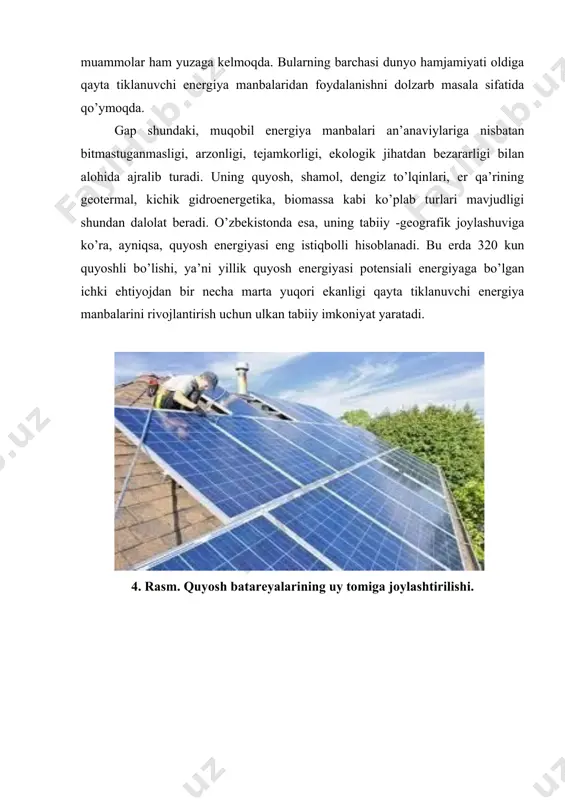 ida 30 gvtli shunday qurilmalardan ham foydalanish yo’lga qo’yildi. pirovardida birgina germaniyada fotoelektrik stansiyadan olingan elektr energiyasining narxini 0.07 aqsh dollarigacha kamaytirishga erishildi. mamlakatimizda esa, ta’bir joiz bo’lsa, prezidentimizning 2013 yil 1 martdagi ―muqobil energiya manbalarini yanada rivojlantirish chora-tadbirlari to’g’risida‖gi farmoni noan’anaviy energiya resurslari, jumladan, quyosh energiyasidan foydalanish uchun keng imkoniyatlar eshigini ochib berdi. chunki ushbu hujjatga ko’ra, to’plangan tajribani hisobga olgan holda, quyosh va biogaz energiyasidan foydalanish sohasidagi eksperimental va amaliy tadqiqotlarni yanada chuqurlashtirish, bunda muqobil manbalardan energiya hosil qilish bo’yicha tajriba loyihalarini ishlab chiqish va amalga oshirish, o’zimizda tegishli uskunalarni, butlovchi buyumlar va materiallarni ishlab chiqarish, ularga servis xizmati ko’rsatishni tashkil qilishga alohida e’tibor qaratilgan. shuningdek, fotoelektrik panellar tayyorlash bo’yicha loyihalar imtiyozli kreditlar bilan moliyalashtirilishi, quyosh hamda biogaz energiyasini ishlab chiqaruvchilar va foydalanuvchilarga soliq va bojxona imtiyozlari berilishi belgilab qo’yilgan. toshkent shahrida xalqaro quyosh energiyasi institutining tashkil qilingani esa sohada olib borilayotgan islohotlarning mantiqiy davomi bo’ldi. nega deganda, …