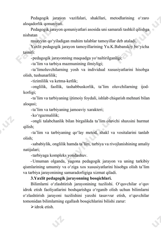 ojlanishining amaliy natijalari; · tarbiyaga kompleks yondashuv. · umuman olganda, yagona pedagogik jarayon va uning tarkibiy qismlarining umumiy va o‘ziga xos xususiyatlarini hisobga olish ta’lim va tarbiya jarayonining samaradorligiga xizmat qiladi. 3.yaxlit pedagogik jarayonning bosqichlari. bilimlarni o‘zlashtirish jarayonining tuzilishi. o‘quvchilar o‘quv idrok etish faoliyatlarini boshqarishga o‘rganib olish uchun bilimlarni o‘zlashtirish jarayoni tuzilishini yaxshi tasavvur etish, o‘quvchilar tomonidan bilimlarning egallash bosqichlarini bilishi zarur: · idrok etish. · o‘quv materialini anglab yetish. · mustahkamlash. · amaliv faoliyatida bilimlarini qo‘llash. birinchi bosqich - idrok etish hisoblanadi. psixologiyadan ma`lumki, idrok etish aniq maqsadga yo‘naltirilgan anglash jarayoni bo‘lib, u tanlash xususiyatiga ega. shuning uchun birinchi navbatda o‘quvchilarga mavzuni, ya`ni, ularning nimani o‘rganishlari (masalani qo‘yish)ni tushuntirib berish kerak. shu asosida o‘quv materiali bilan dastlabki tanishish amalga oshiriladi. u haqiqiy mavjud yoki hayoliy predmet, hodisa, vaziyatlarni kuzatish, mumkin bo‘lgan tajribalarni o‘tkazishdan iborat bo‘ladi. birinchi bosqich o‘quvchi qaysi hodisa va voqealarni, predmetlarni o‘rganish haqida yetarlicha tasavvurga ega bo‘lganida …