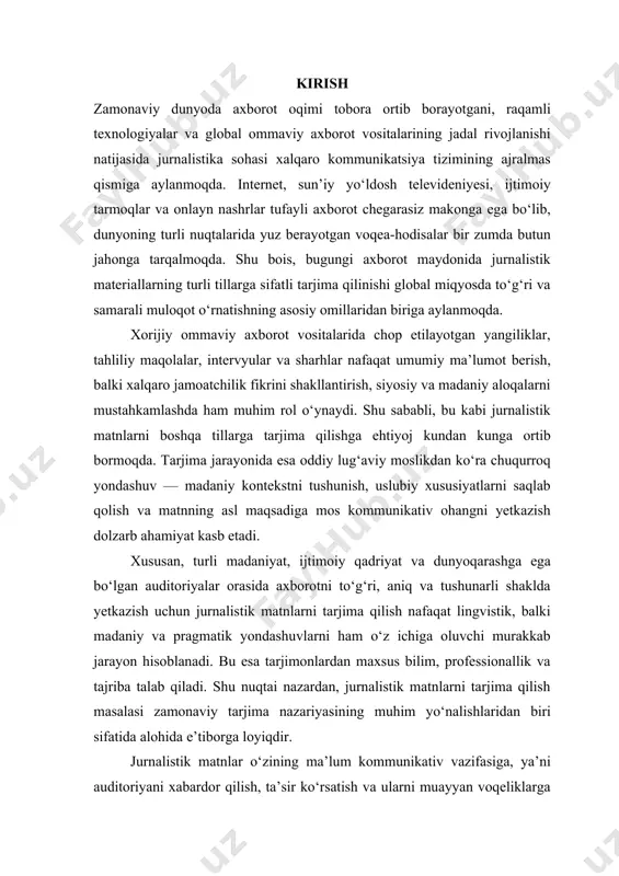 va uning janrlari jurnalistik matn — bu jurnalist tomonidan ommaga mo‘ljallangan, ma’lum bir axborotni etkazish, tushuntirish, tahlil qilish yoki baholashga qaratilgan matn turidir. jurnalistik matnlarning asosiy vazifasi axborot tarqatish, jamiyatdagi ijtimoiy jarayonlarni yoritish va auditoriyani ma’lumot bilan ta’minlashdir. jurnalistikaning bu turdagi matnlari ommaviy axborot vositalarida (gazeta, jurnal, radio, televideniye, internet nashrlari) e’lon qilinadi va ular keng auditoriya, ya’ni umumiy jamoatchilikka xizmat qiladi. jurnalistik matnlar o‘zining axborot berish funksiyasi bilan birga, ijtimoiy munosabatlarni shakllantirishda ham muhim rol o‘ynaydi. masalan, yangiliklar, maqolalar, tahliliy sharhlar yoki intervyular yordamida jamiyatdagi muhim voqea-hodisalar yoritiladi, bu esa o‘z navbatida o‘quvchida ma’lum bir fikr, munosabat yoki qarashni shakllantiradi. ommaviy axborot vositalari jurnalistik matnlar orqali ijtimoiy va siyosiy muhokamalarga sabab bo‘lishi mumkin, chunki ular jamoatchilik fikrini shakllantiruvchi, turli qarashlarni targ‘ib qiluvchi va jamiyatdagi qiziqarli muammolarni kun tartibiga kirituvchi vosita hisoblanadi. jurnalistik matnlar nafaqat faktlarni yetkazish, balki ularni talqin qilish, hodisalarga ijtimoiy baho berish, muhokama yuritish, fikr uyg‘otish kabi …