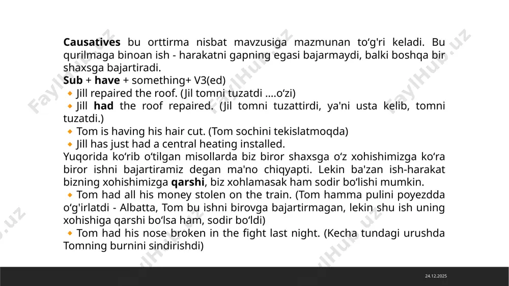to schedule the meeting.) 27.02.2025 3. get (persuade or convince someone to do something) structure: get + object + to + verb example: she got her brother to help her with homework. (she convinced her brother to help her.) 4. let (allow someone to do something) structure: let + object + base verb example: my parents let me stay out late. (my parents allowed me to stay out late.) 5. help (assist someone in doing something) structure: help + object + (base verb / to + verb) example: he helped me fix my car. (or) he helped me to fix my car. (both forms are correct.) 28.02.2025 thanks for your attention! image1.jpeg image2.jpg /docprops/thumbnail.jpeg